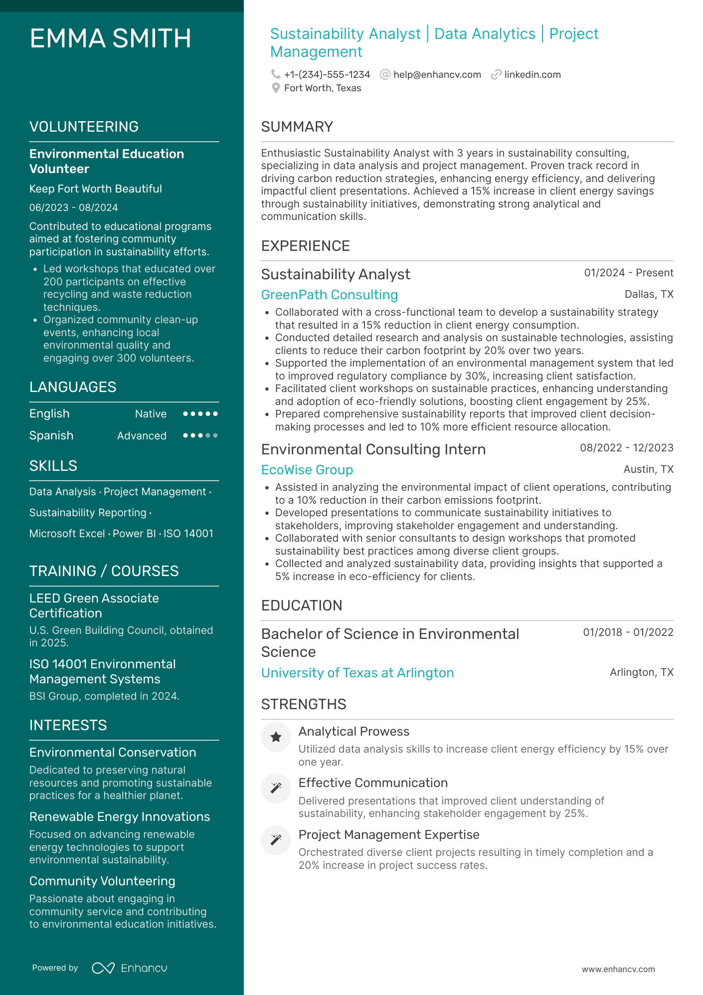 A resume example of a PwC Sustainability Associate