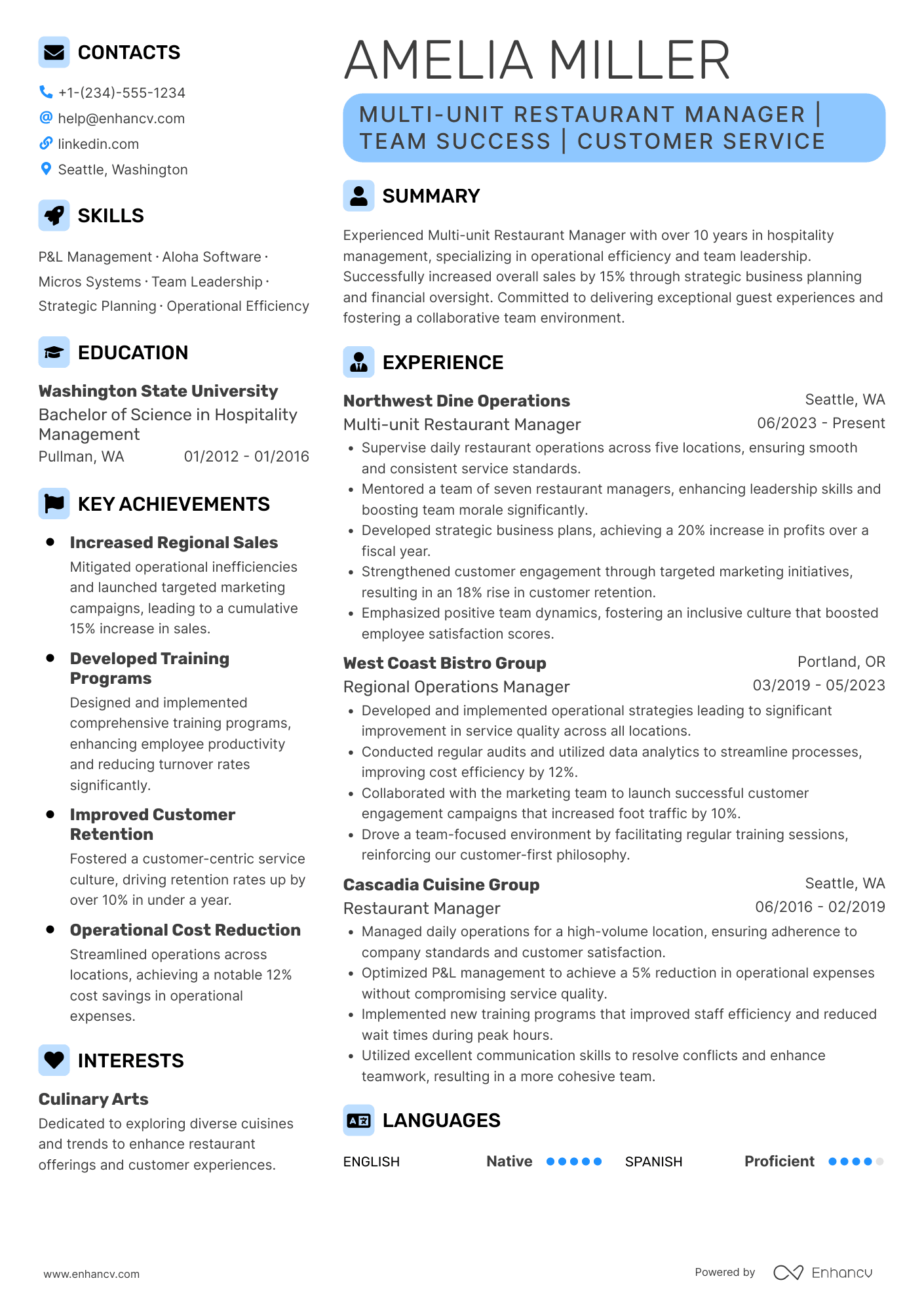A resume example of a Multi unit Restaurant Manager