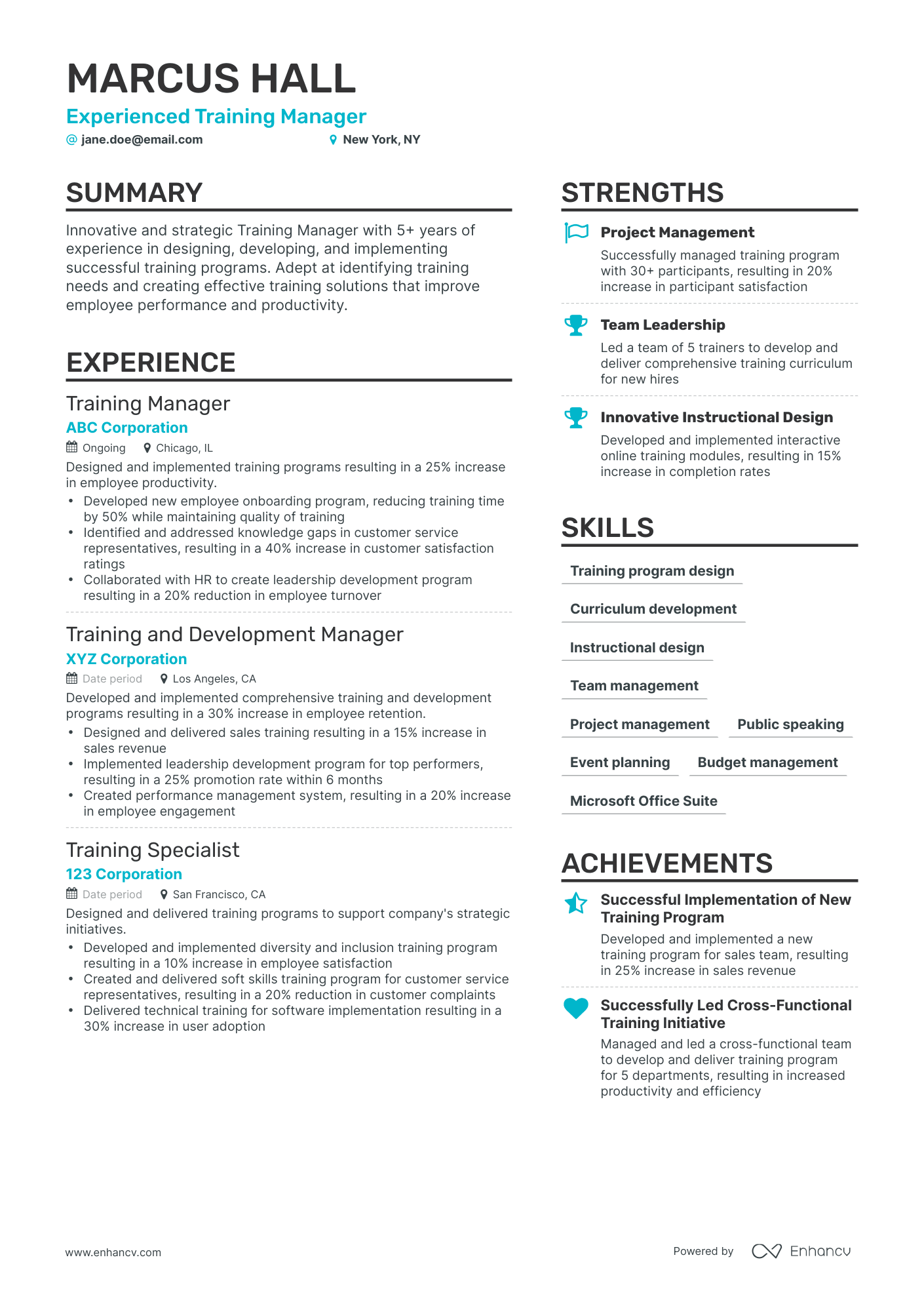 Simple Training Manager Resume Template