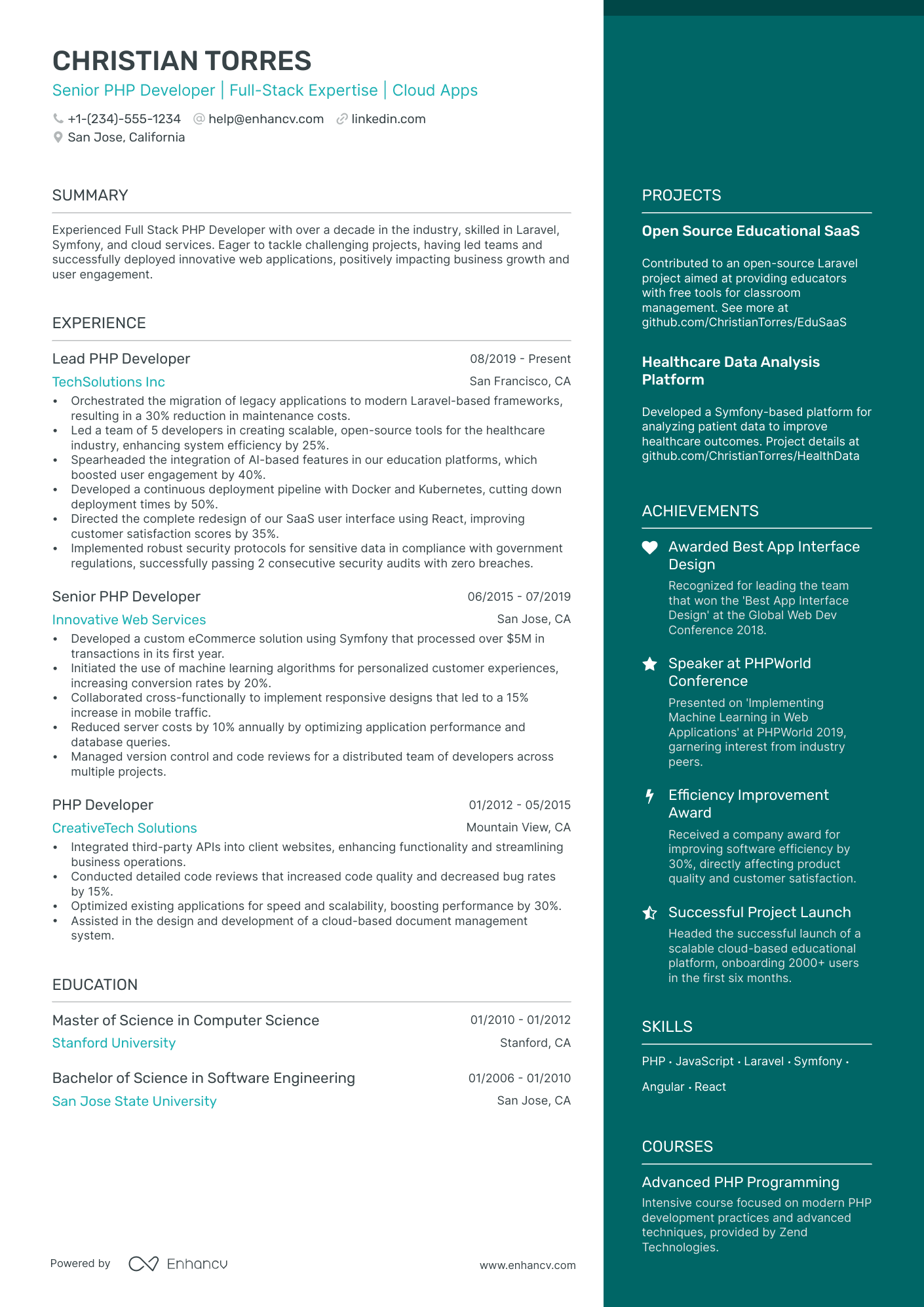resume format for php developer