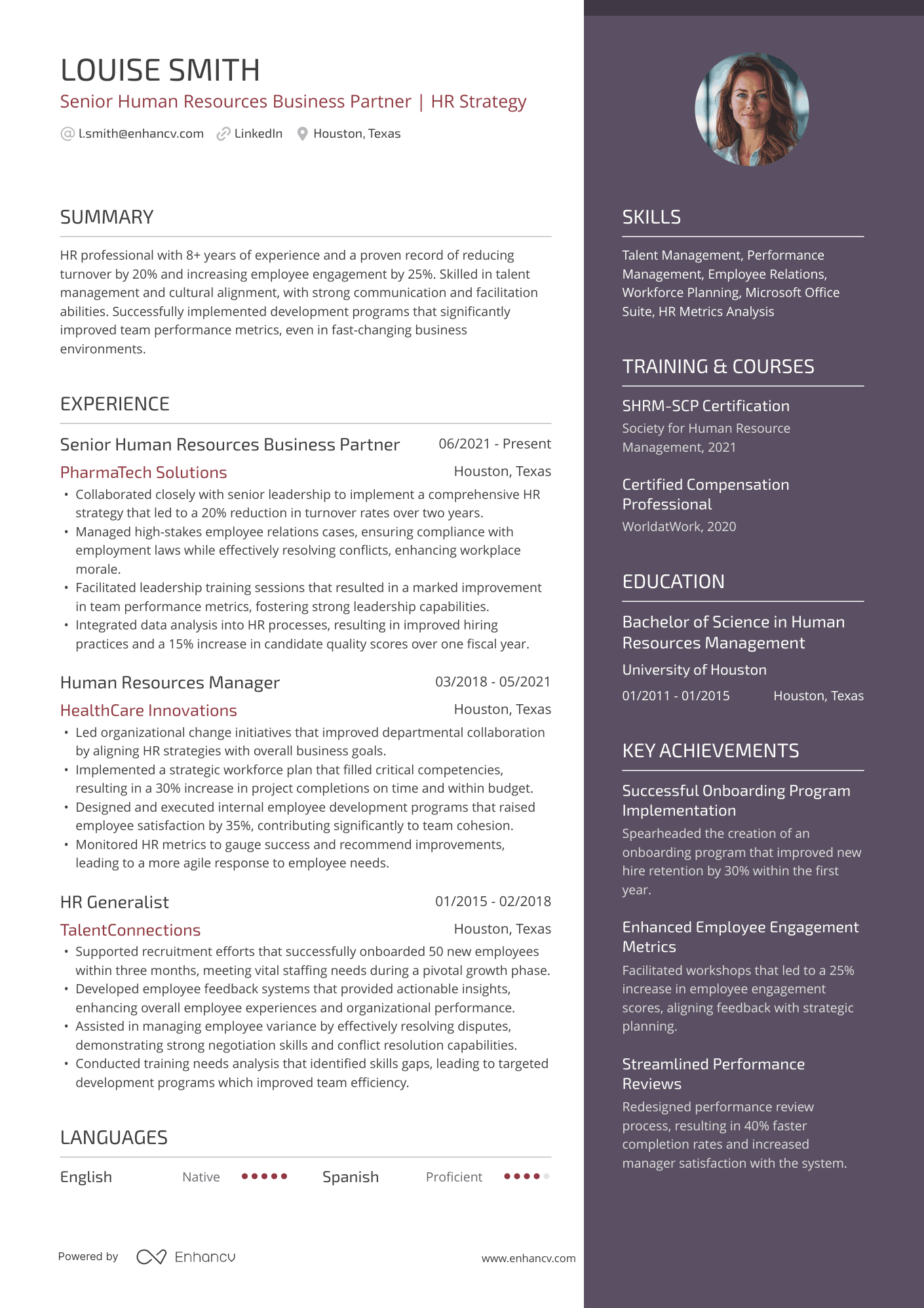 A resume example of a HR Business Partner
