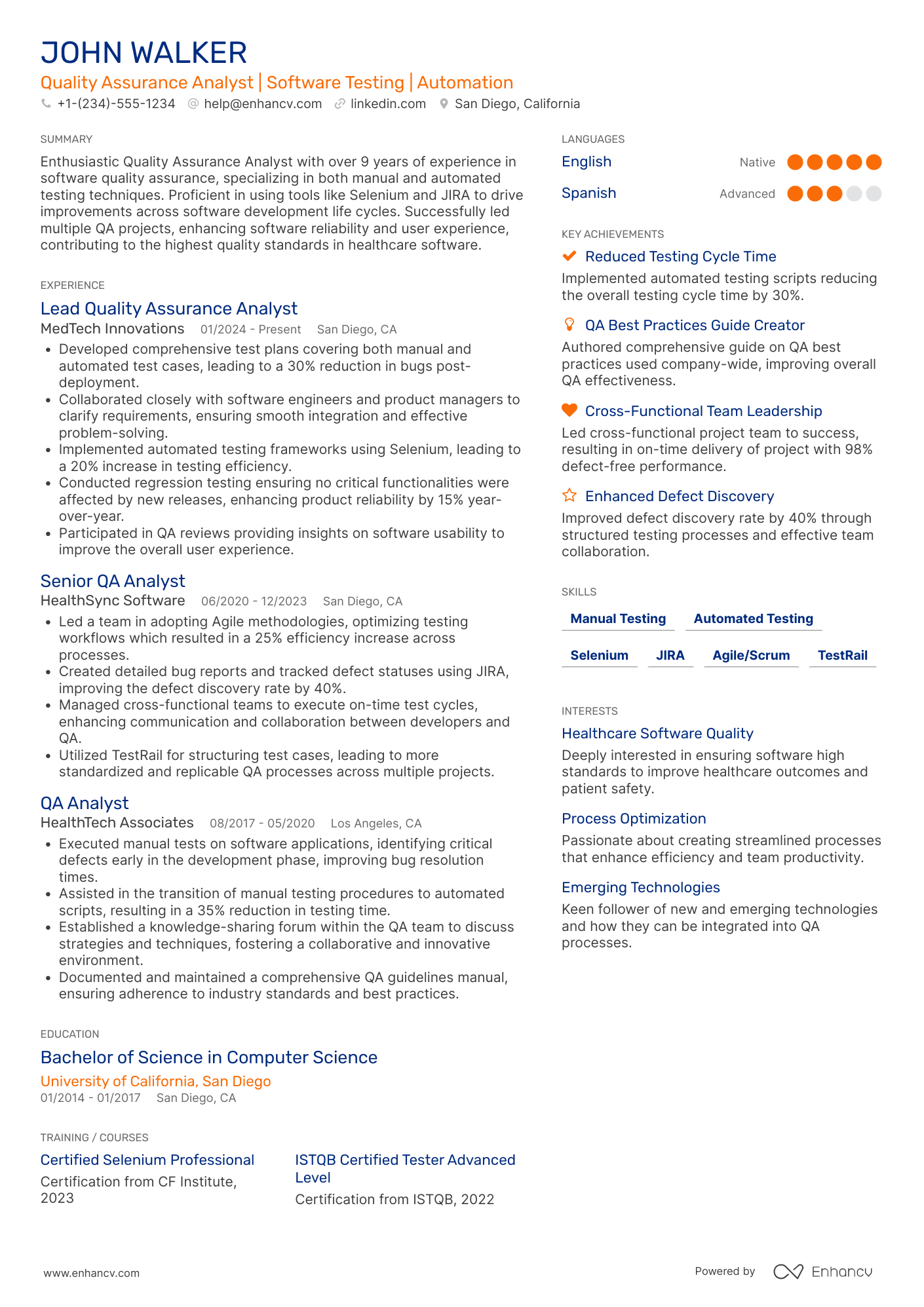 A resume example of a Quality Assurance Analyst