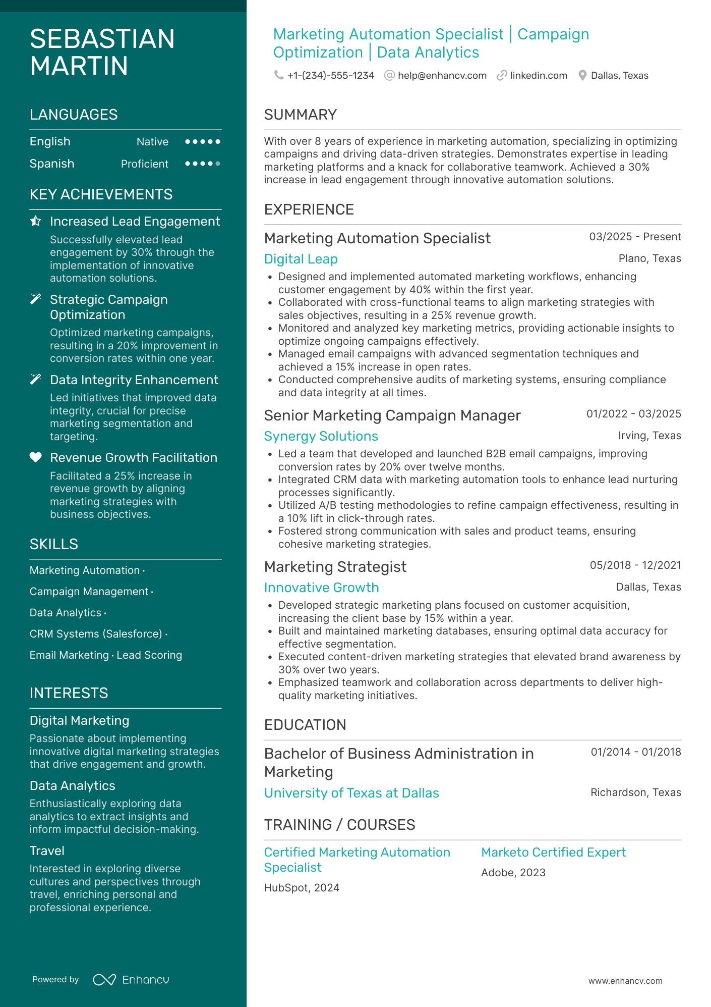 A resume example of a Marketing Automation Specialist