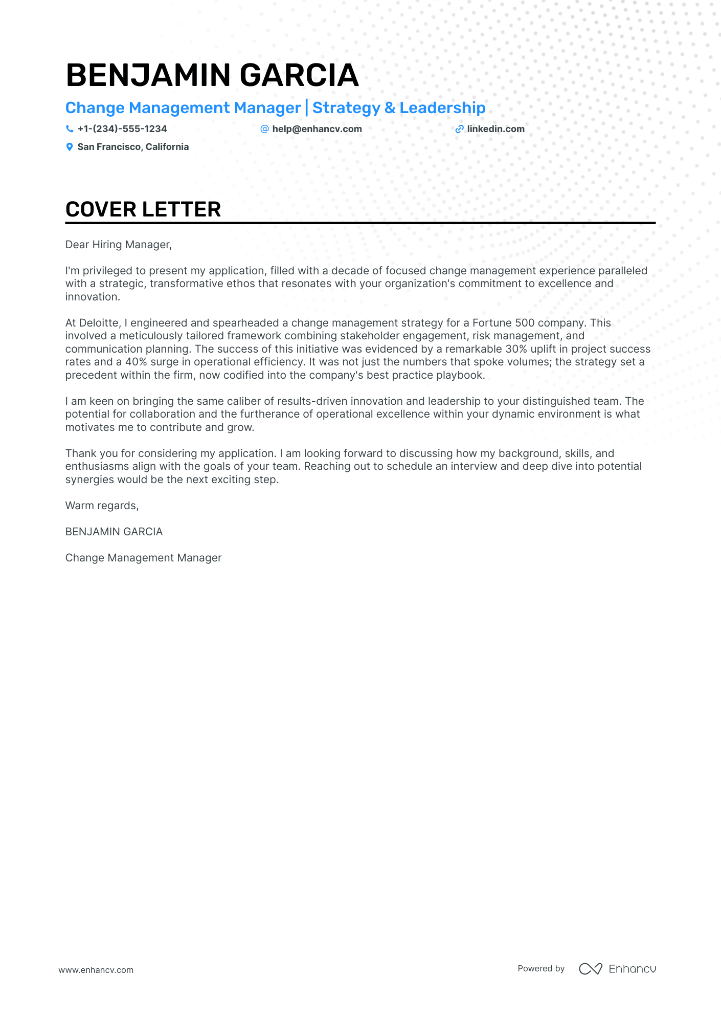 cover letter change management examples