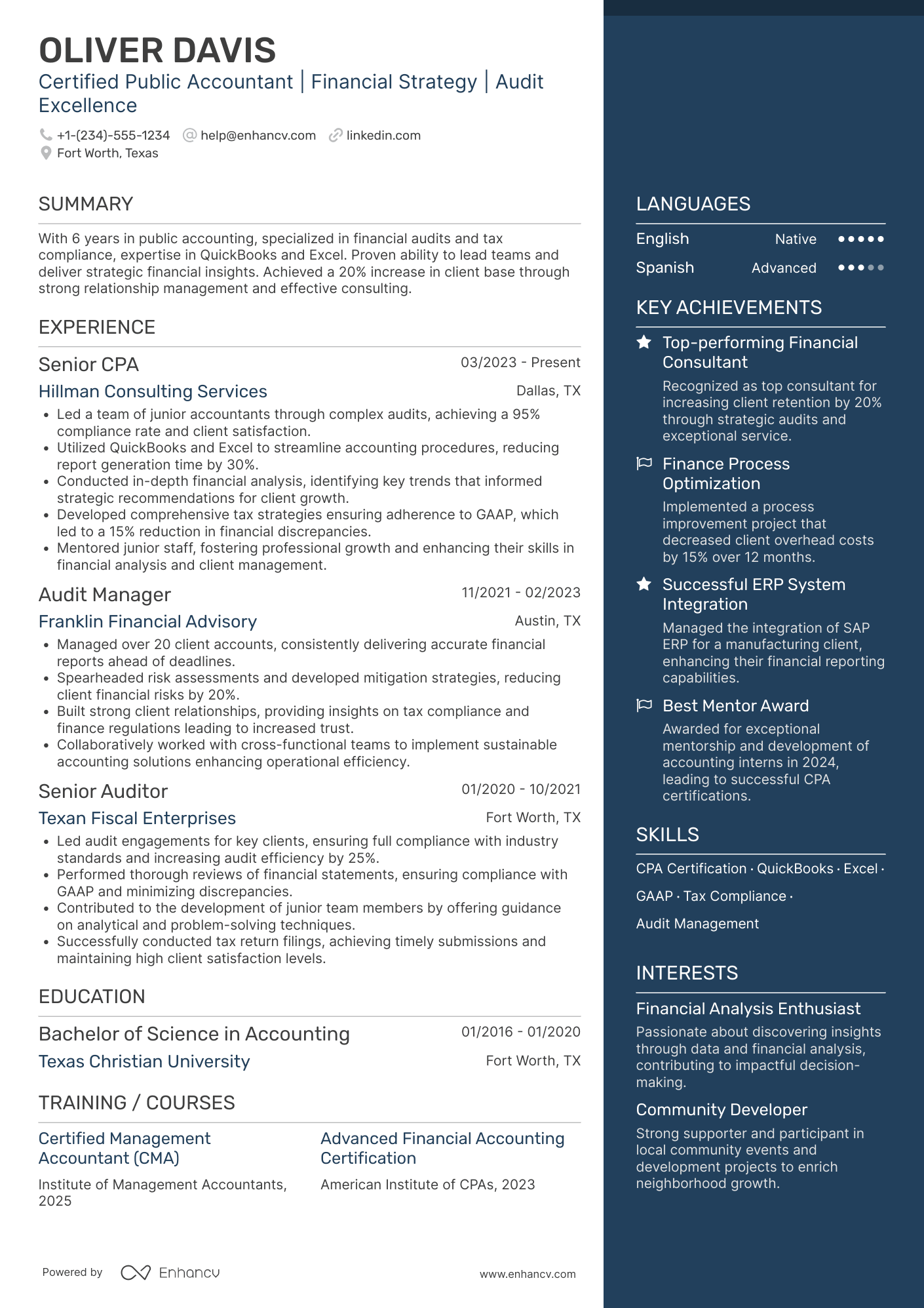 A resume example of a Senior CPA
