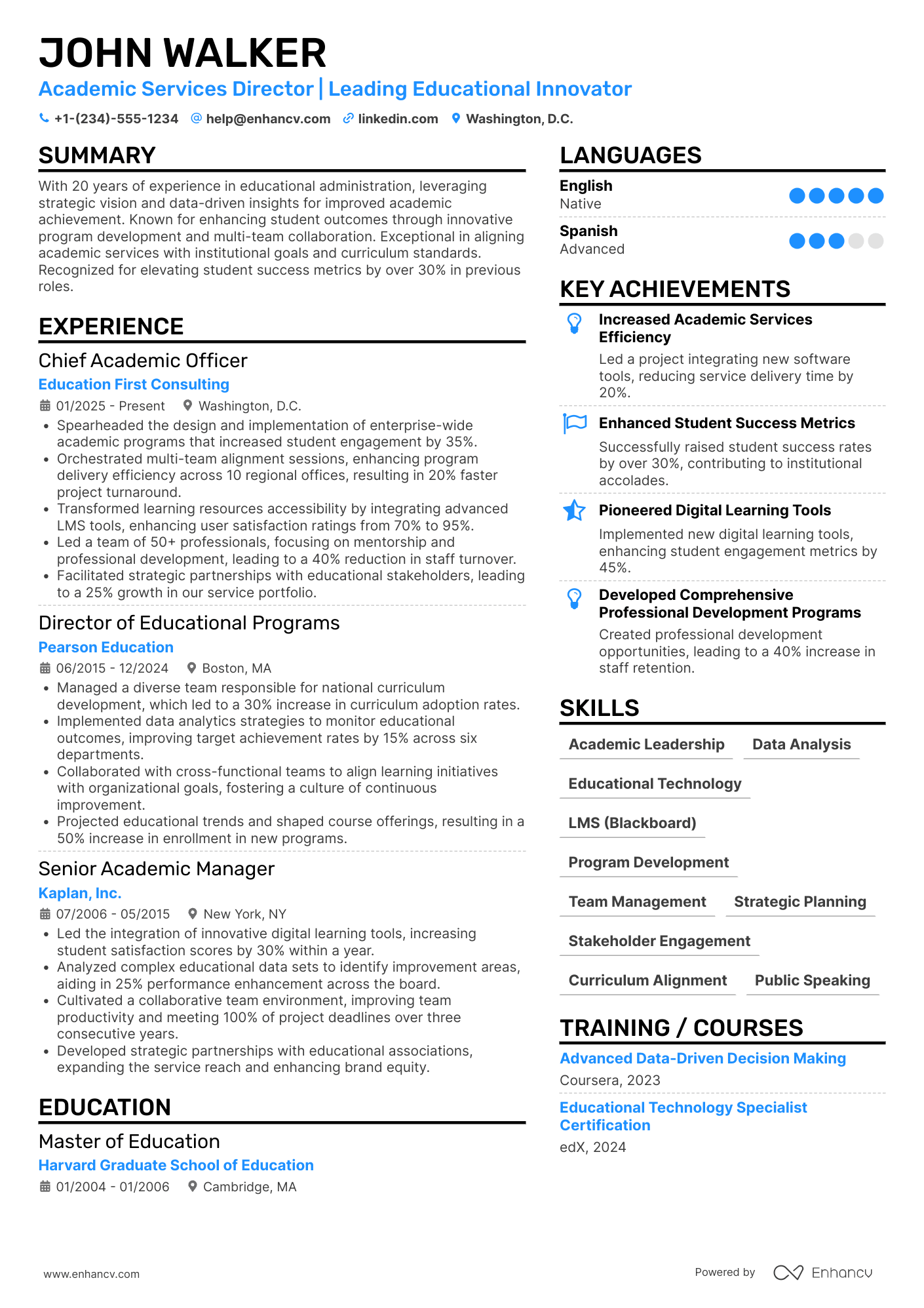 A resume example of a Academic Services Director