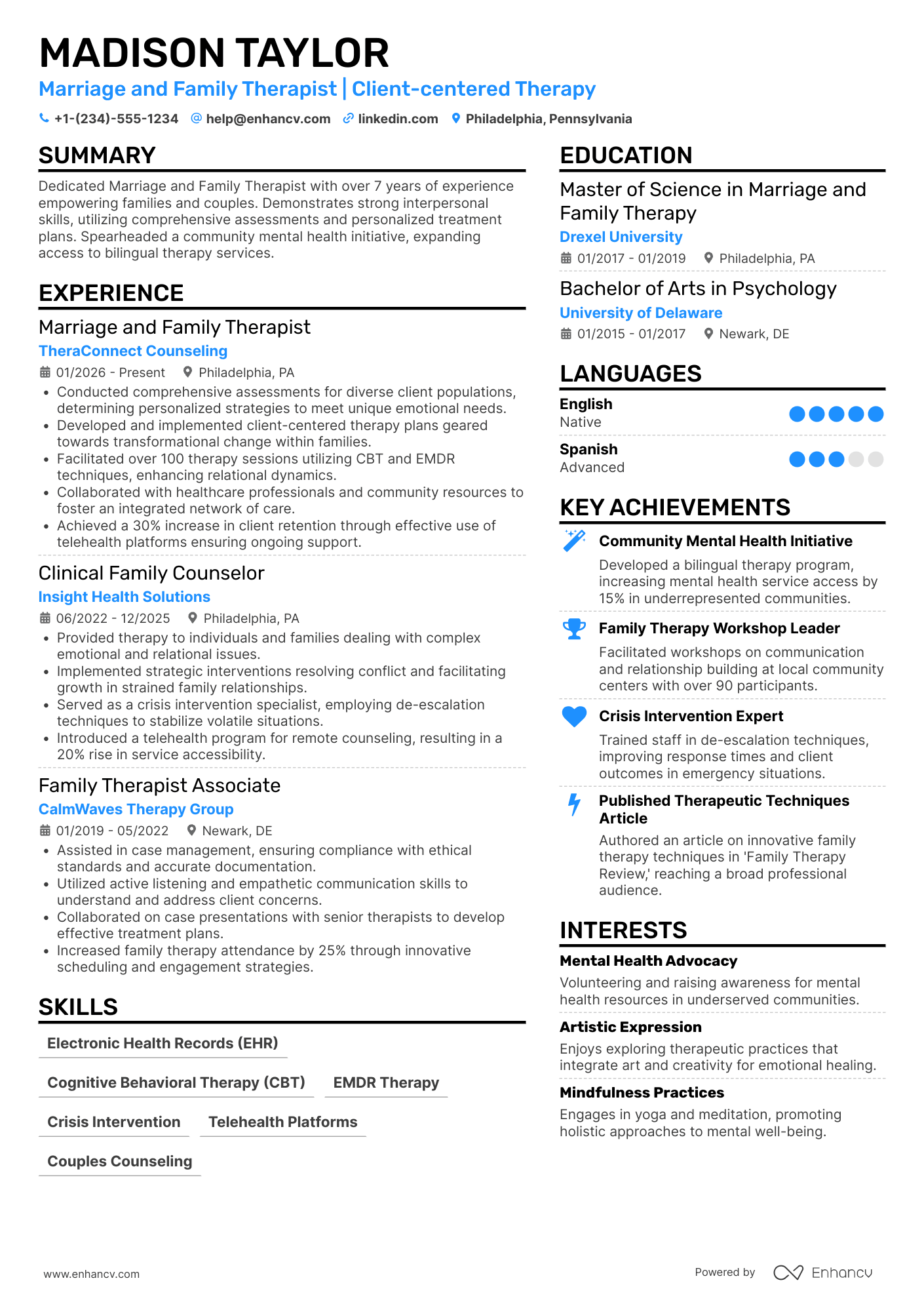 A resume example of a Marriage and Family Therapist (MFT)