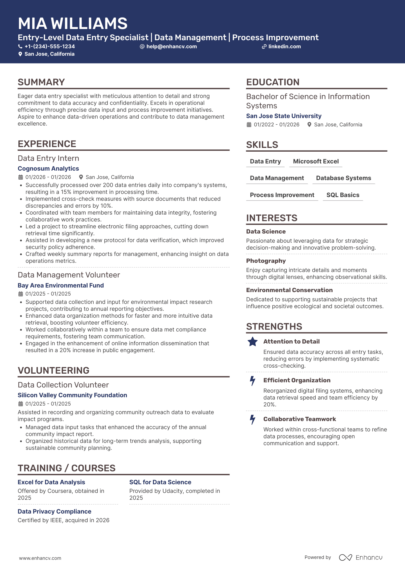 A resume example of a Entry Level Data Entry