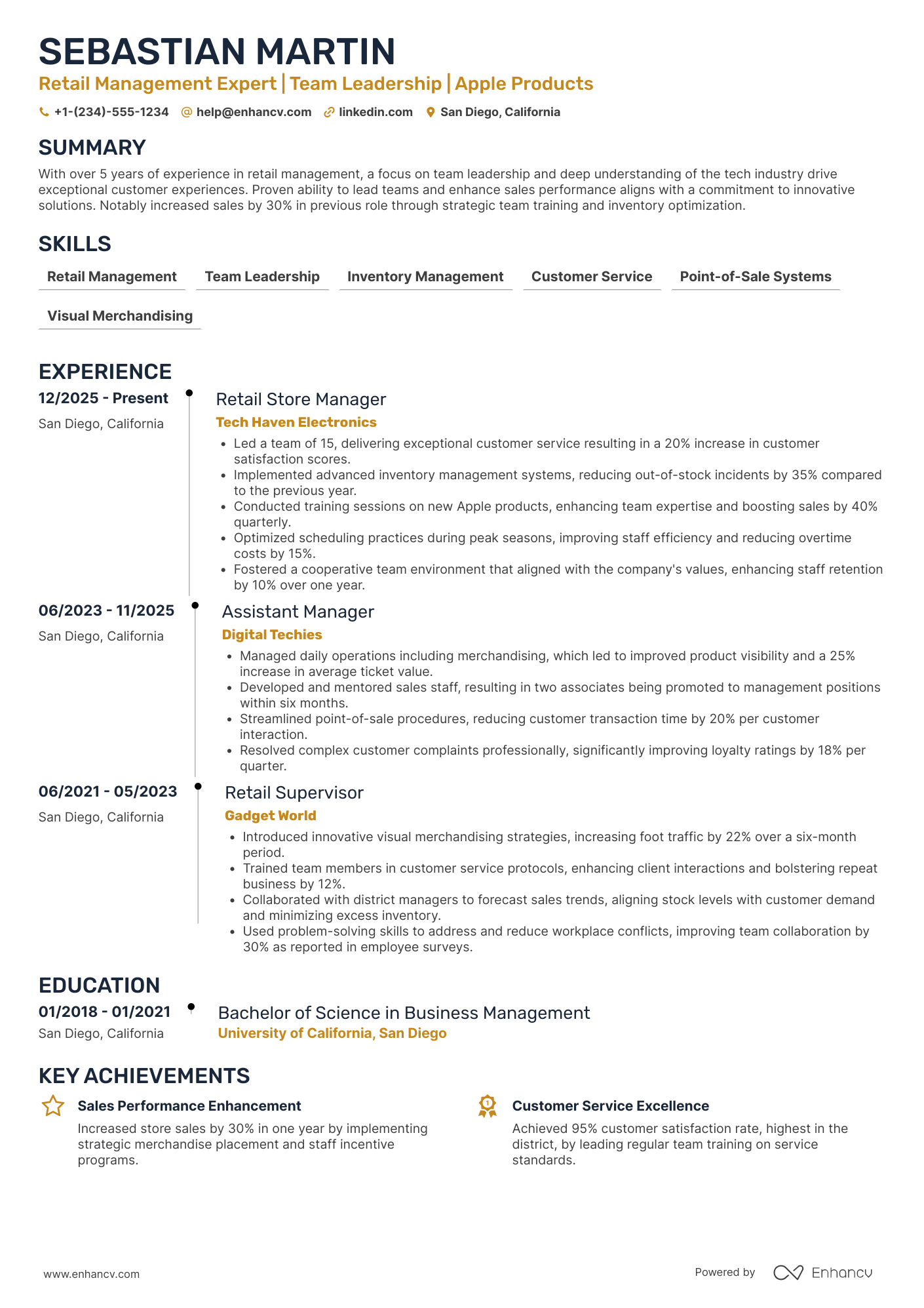 A resume example of a Apple Store Manager