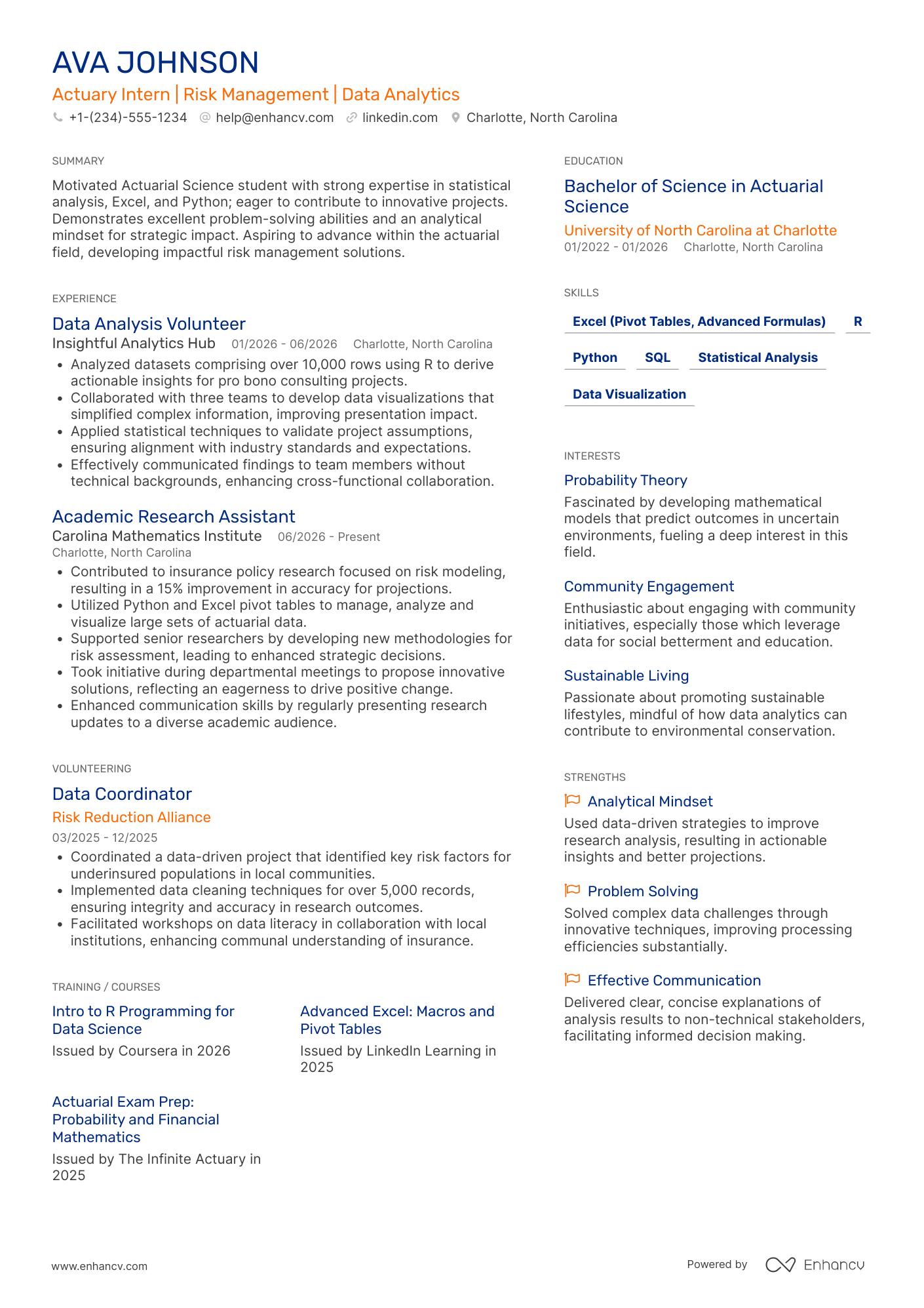 A resume example of a Actuary Internship