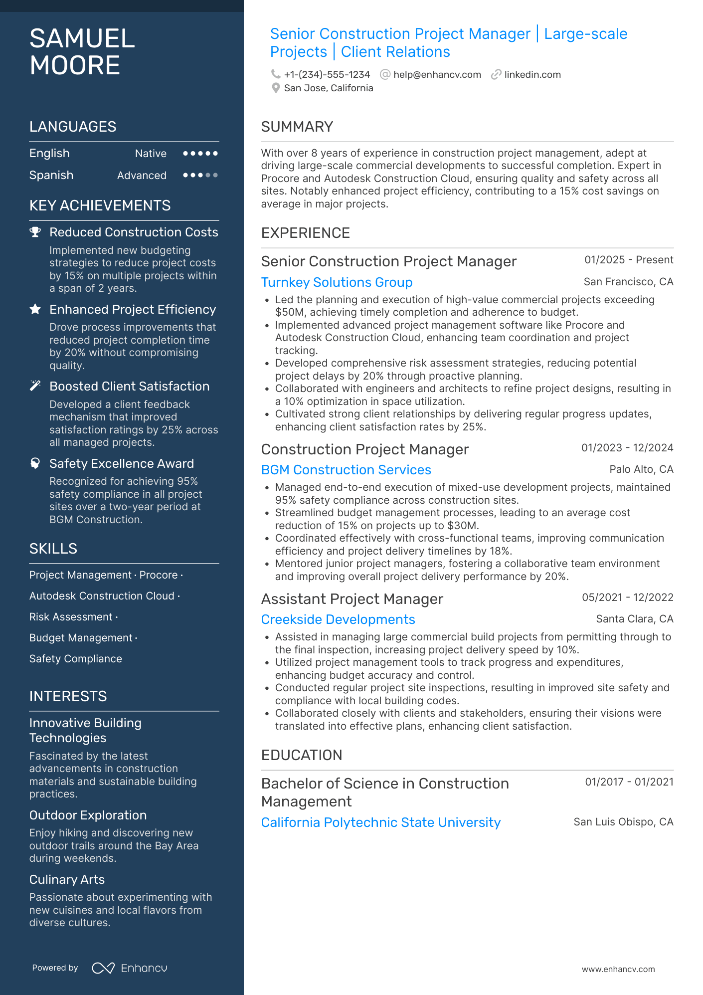 A resume example of a Senior Construction Project Manager