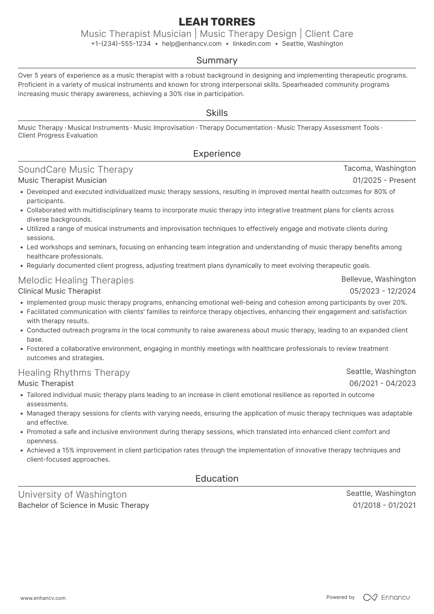 A resume example of a Music Therapist Musician
