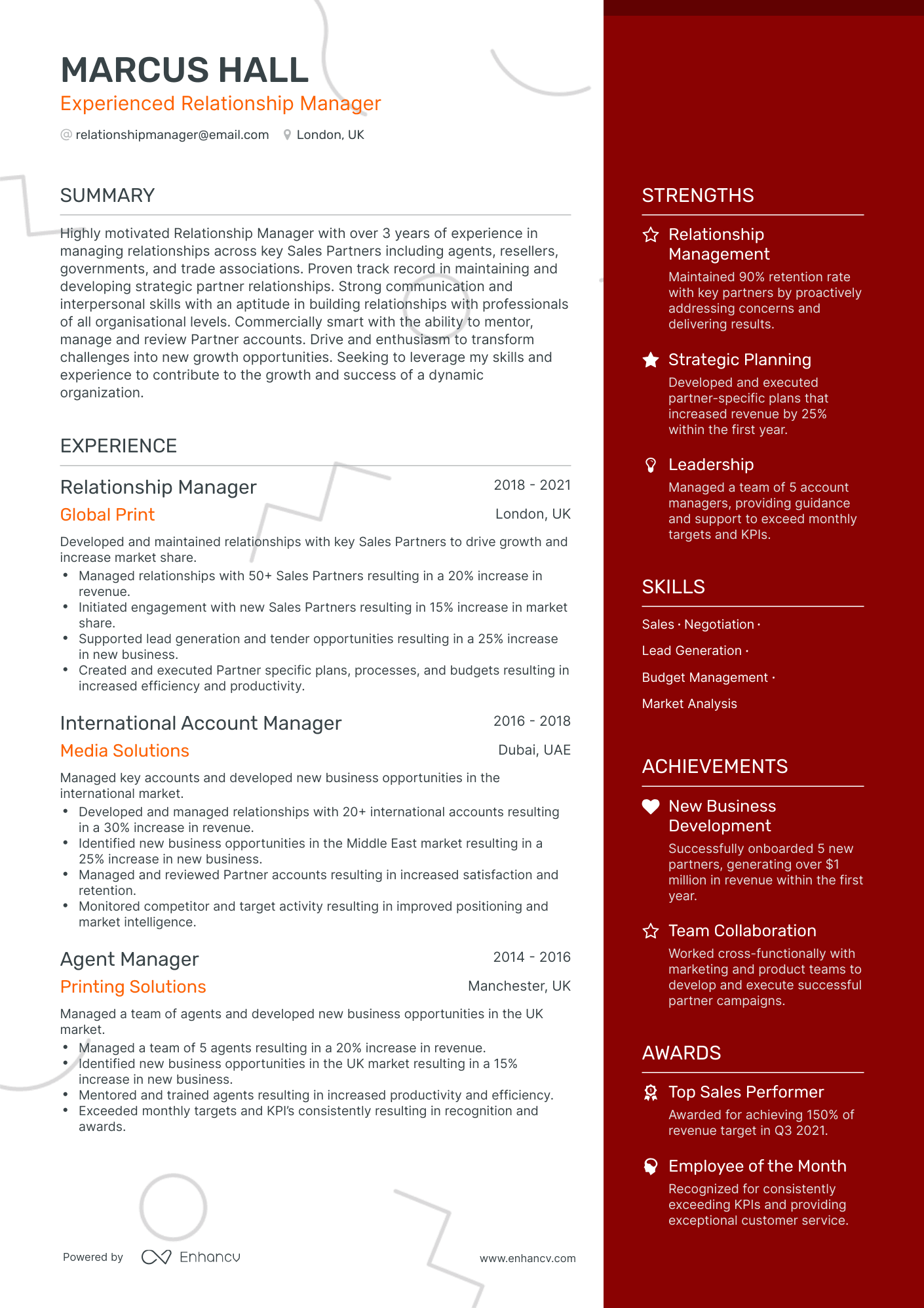 One Page Relationship Manager Resume Template
