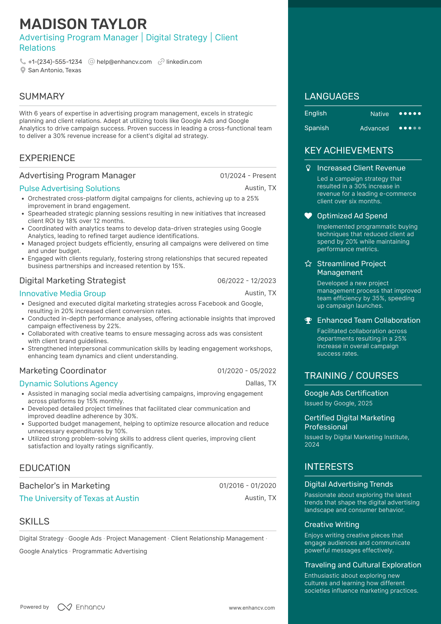 A resume example of a Advertising Program Manager