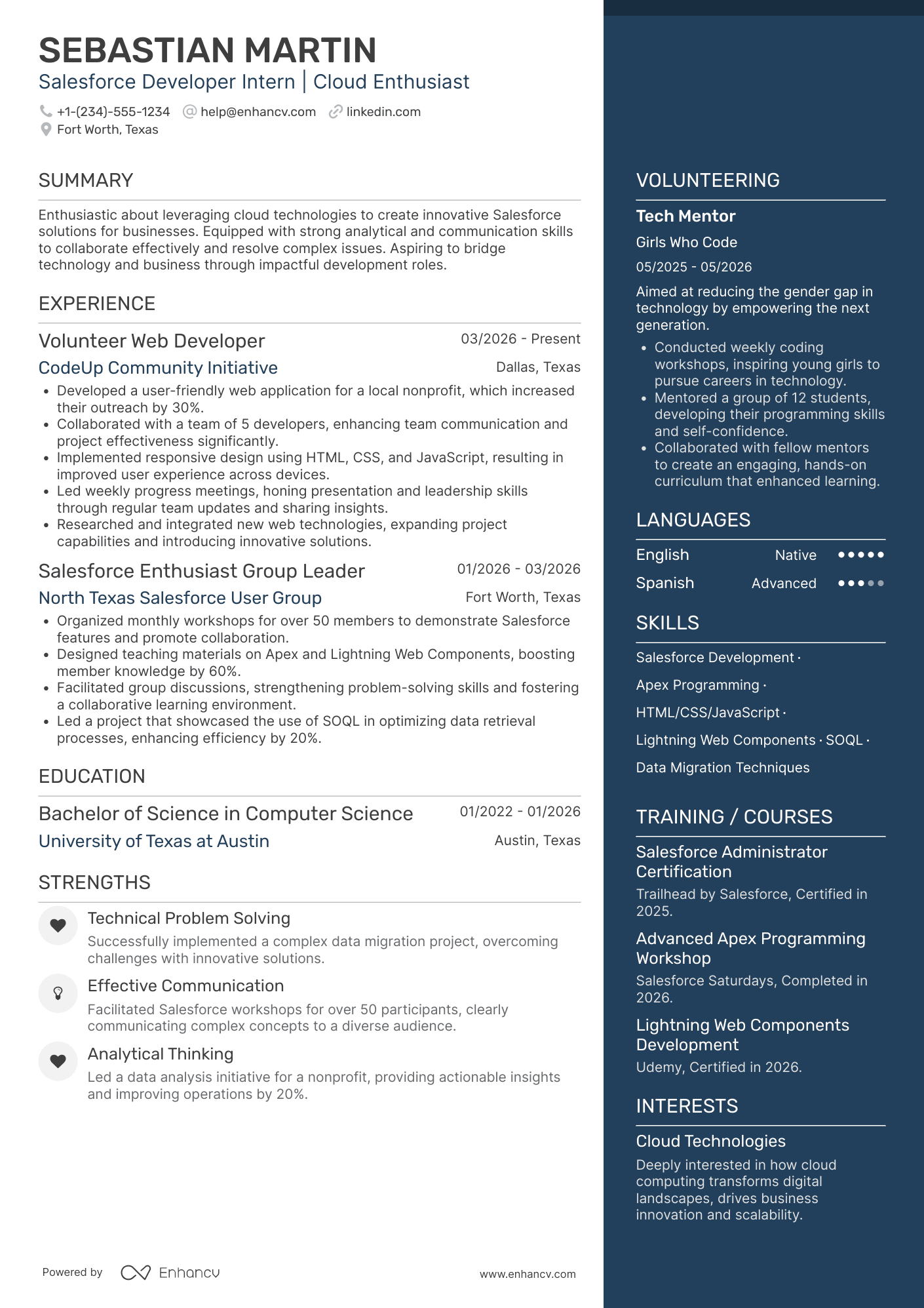 A resume example of a Salesforce Developer Intern
