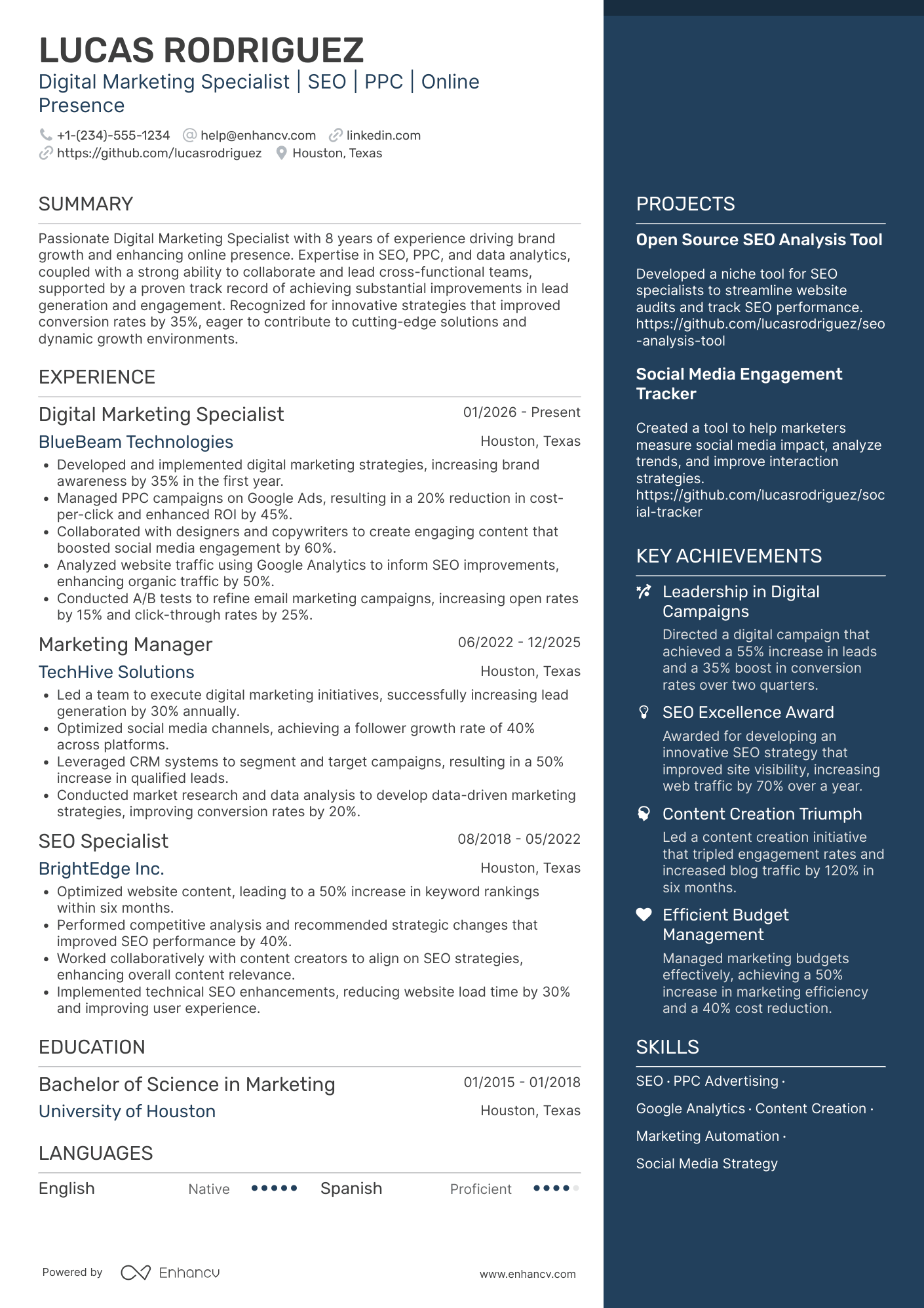 A resume example of a Silicon Valley Digital Marketing Specialist