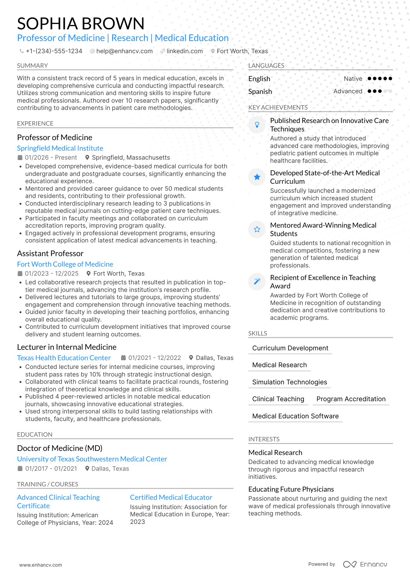 A resume example of a Professor of Medicine