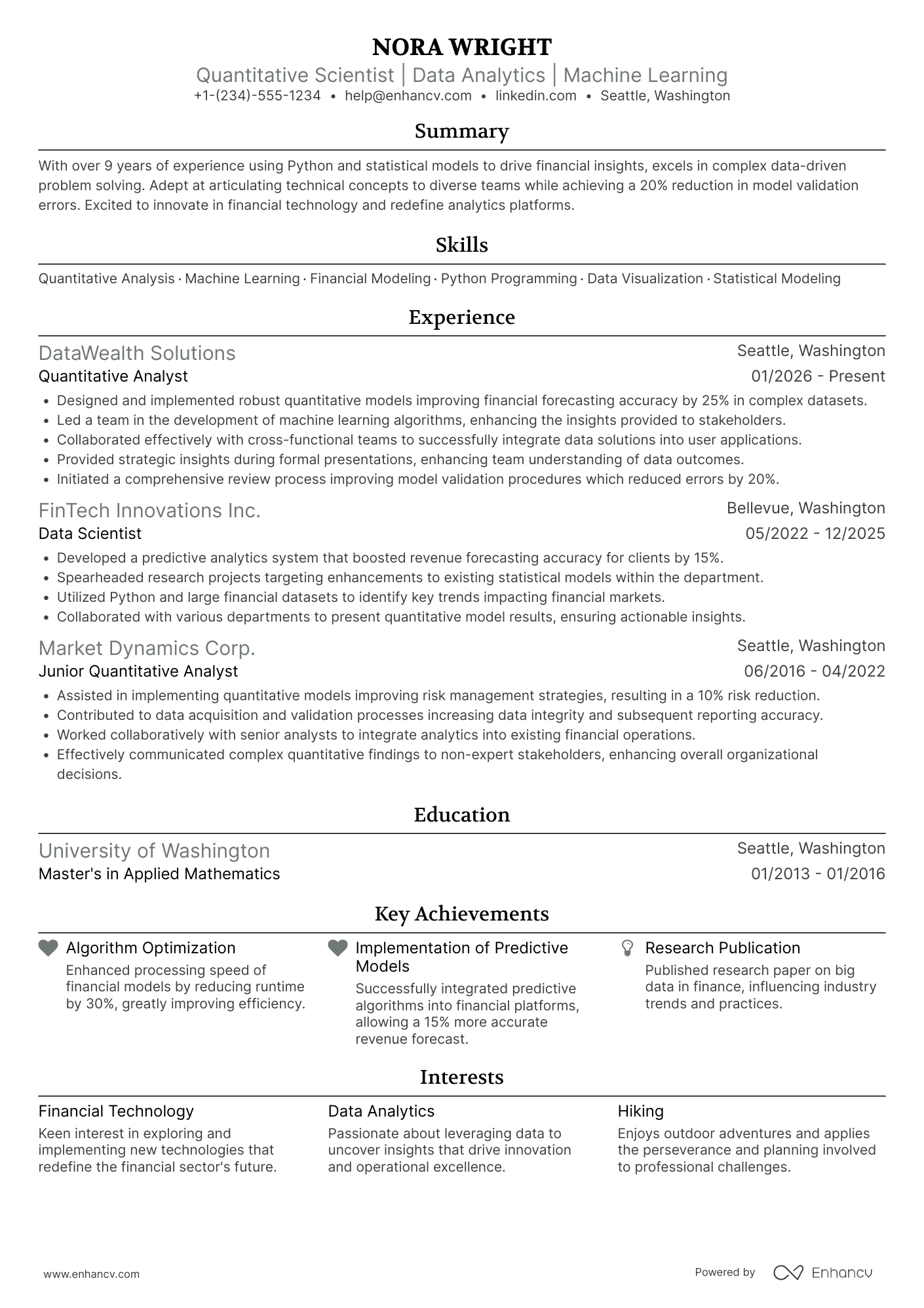 A resume example of a Quantitative Scientist