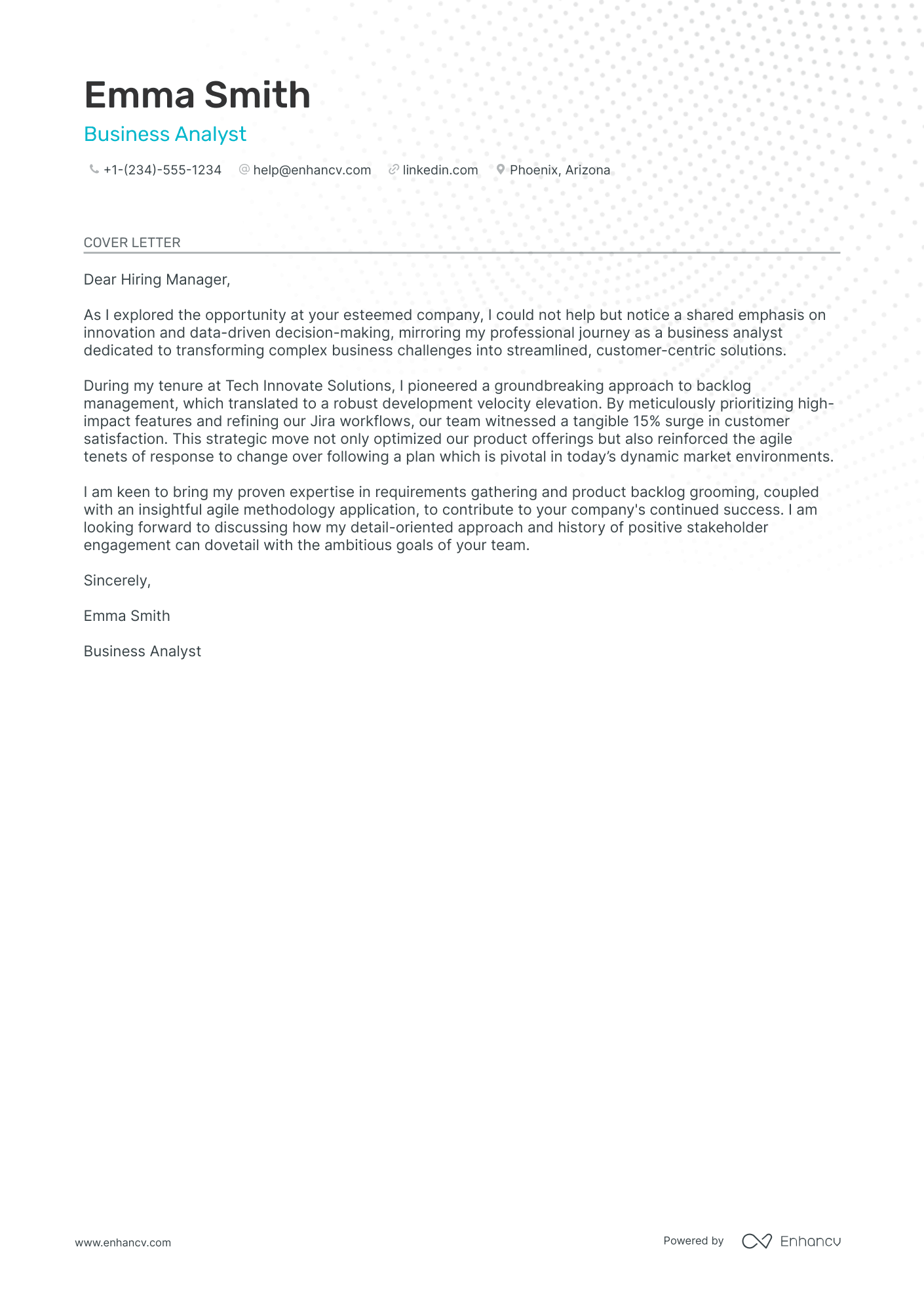 cover letter for the post of a business analyst