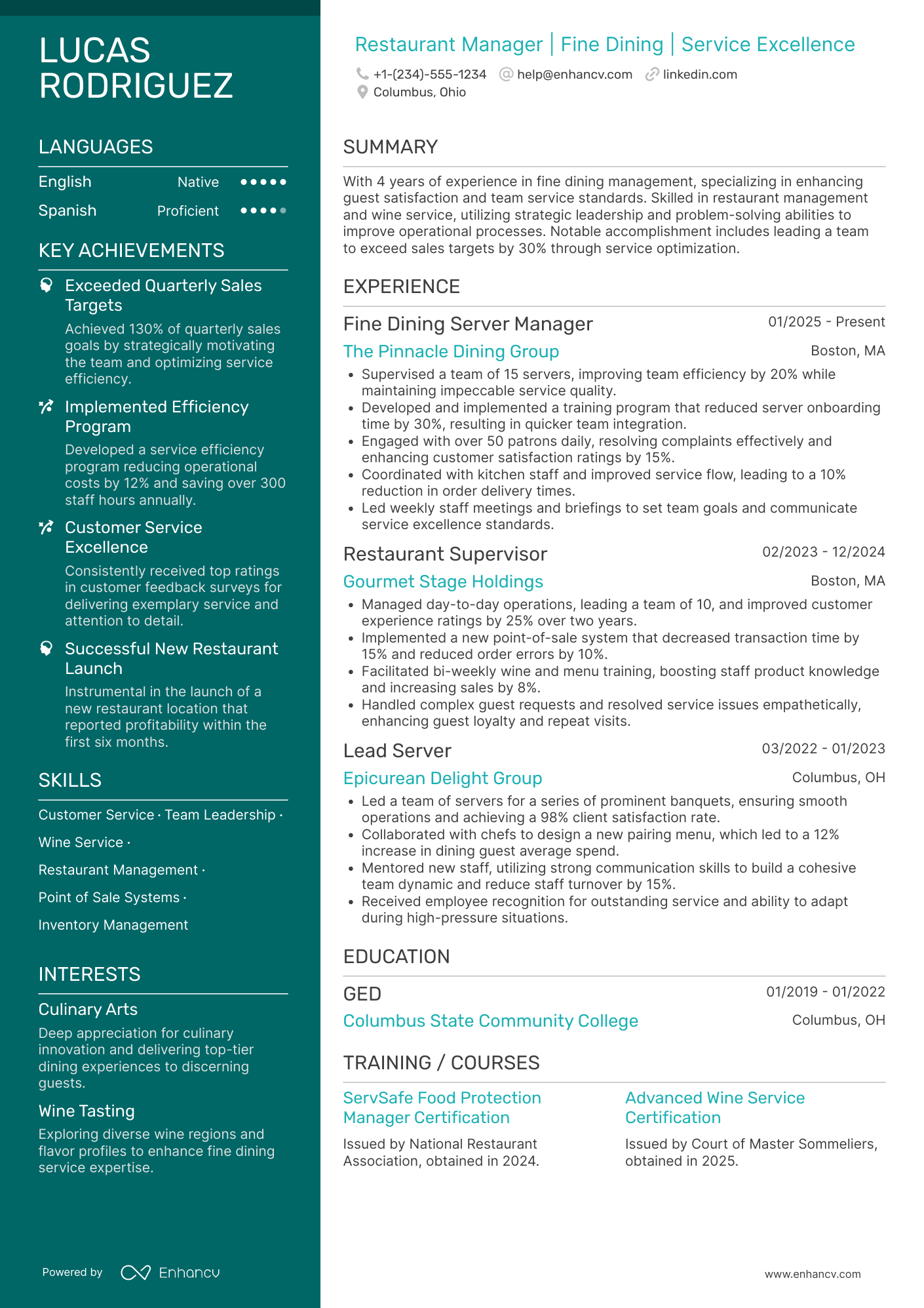 A resume example of a Fine Dining Server Manager