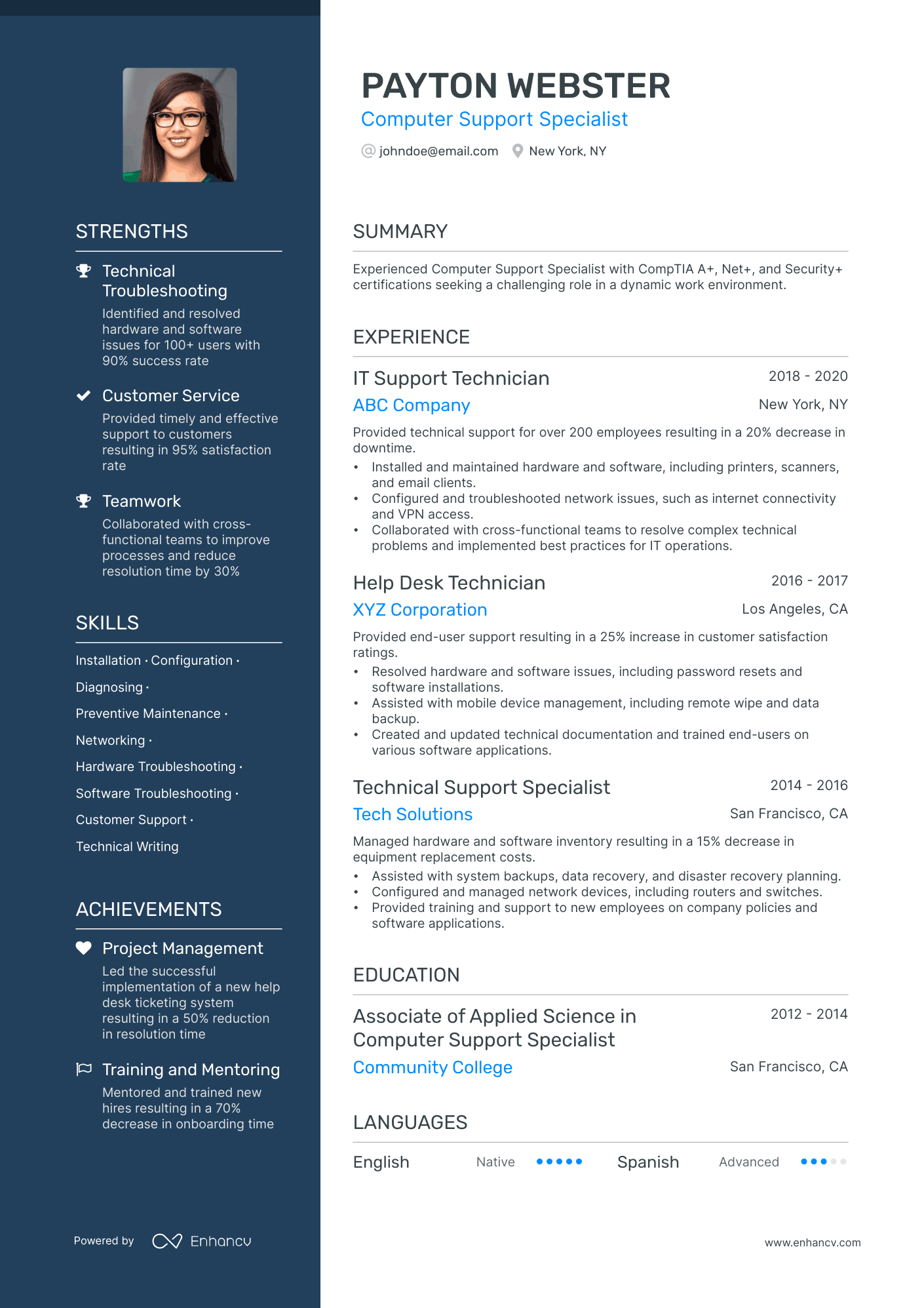 A resume example of a Computer Support Specialist