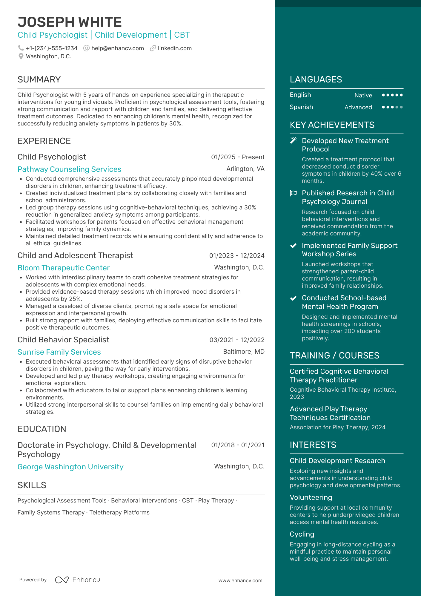 A resume example of a Child Psychologist