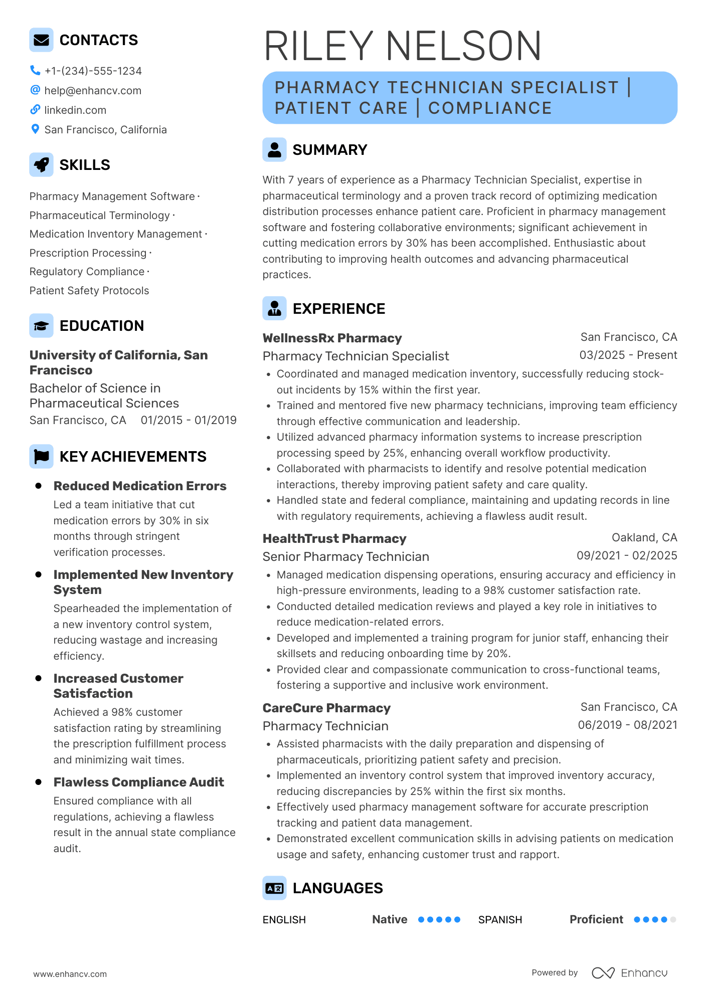 A resume example of a Pharmacy Technician Specialist