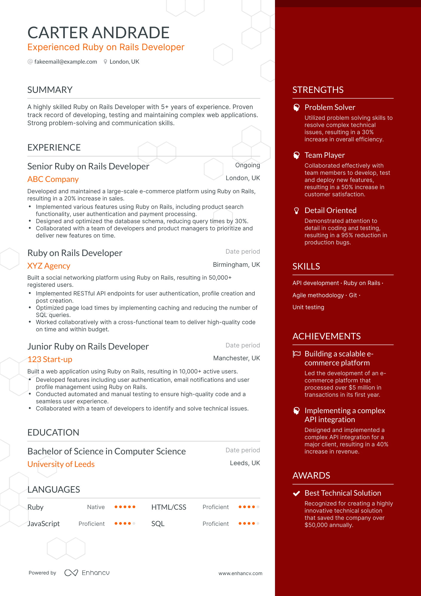 One Page Ruby On Rails Developer Resume Template