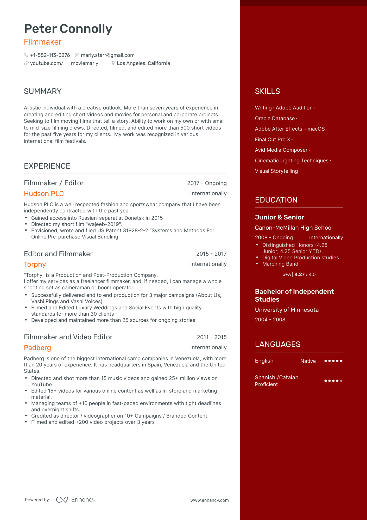 One Page Filmmaker Resume Template