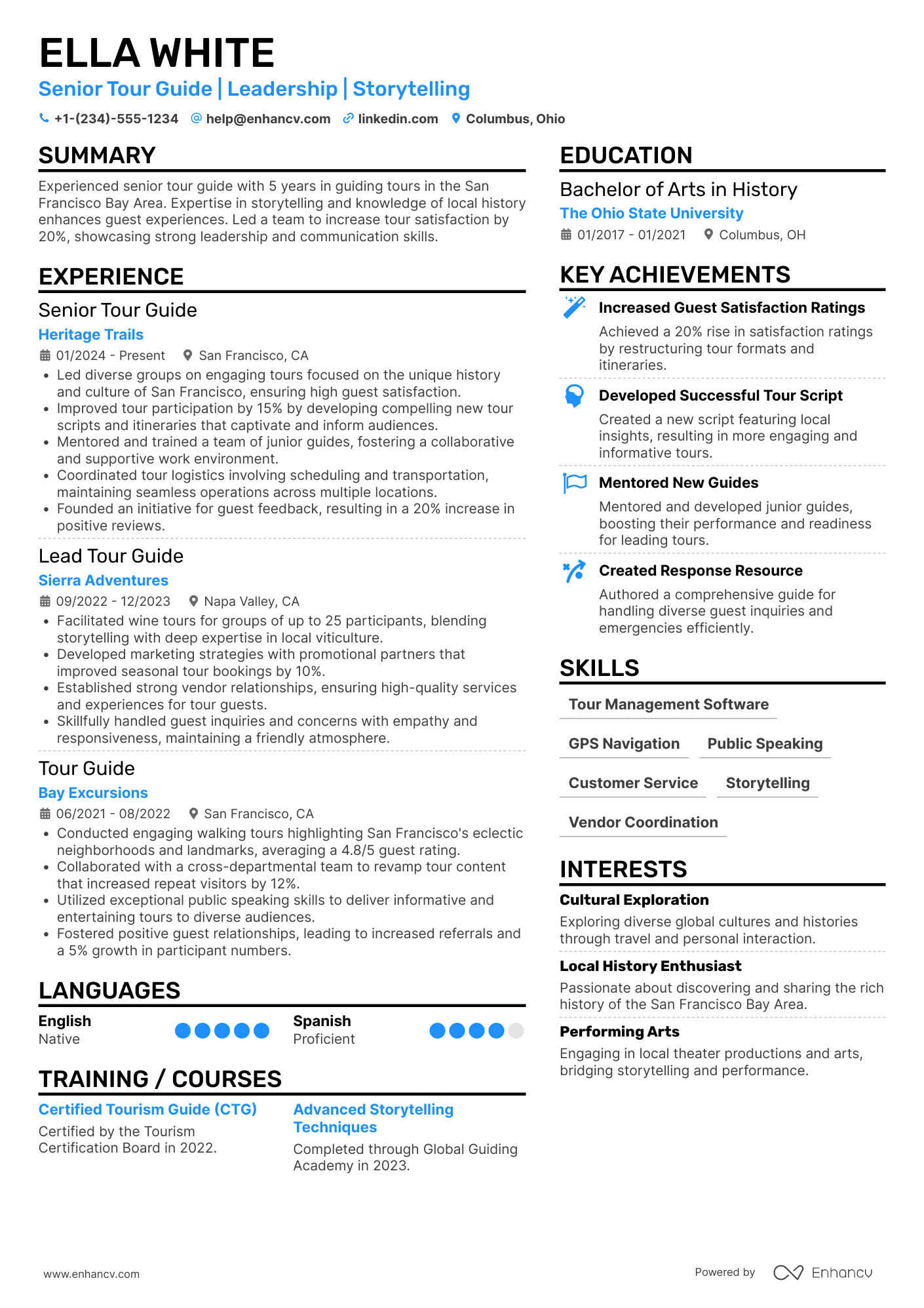 A resume example of a Senior Tour Guide