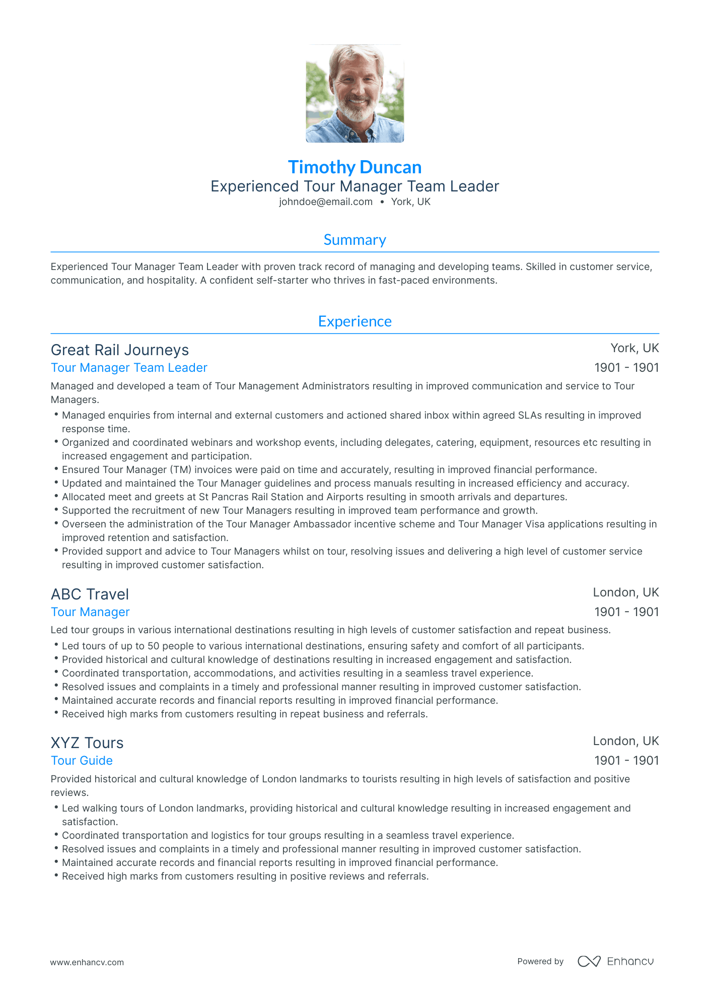 Traditional Tour Manager Resume Template