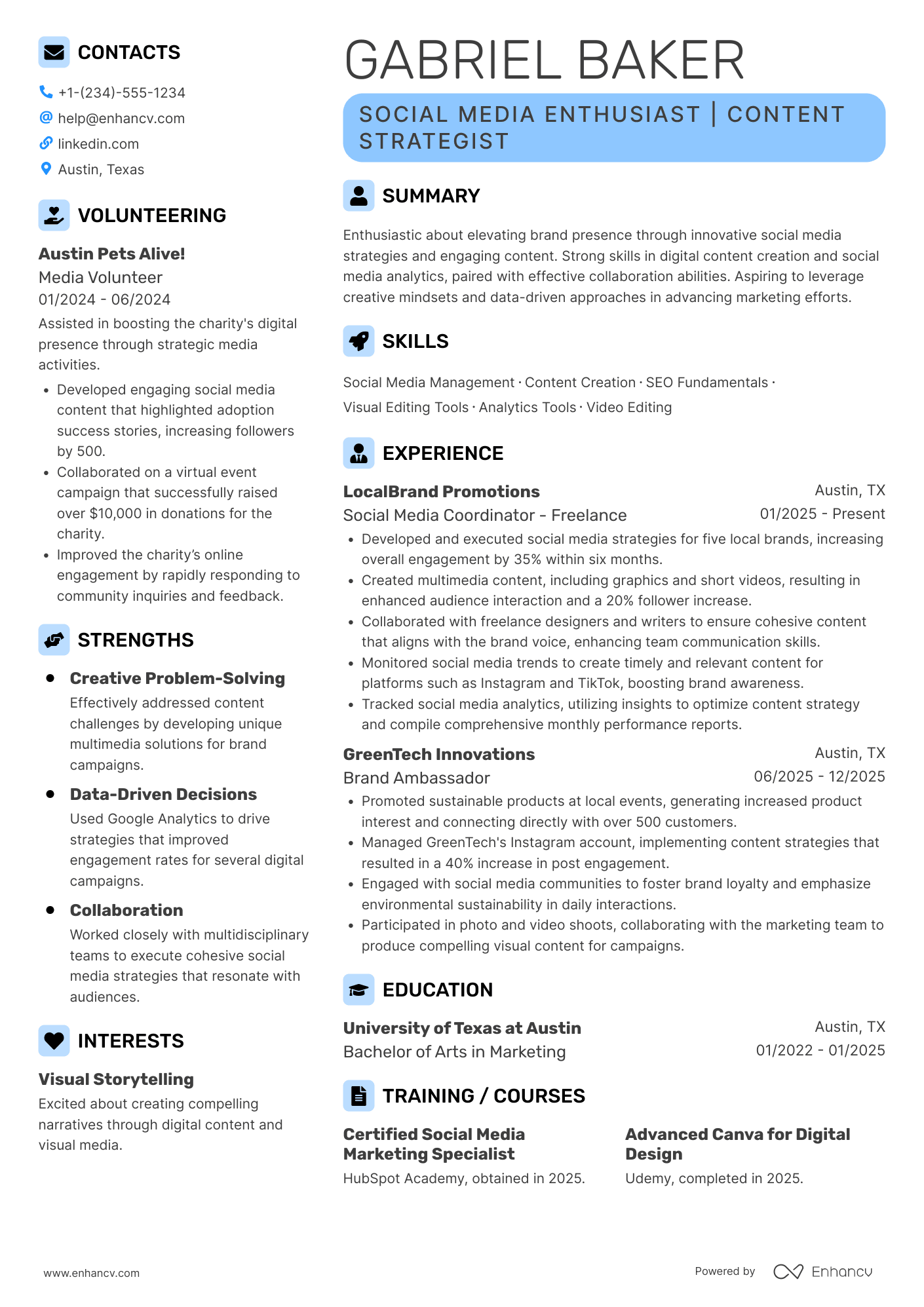 A resume example of a Social Media Intern