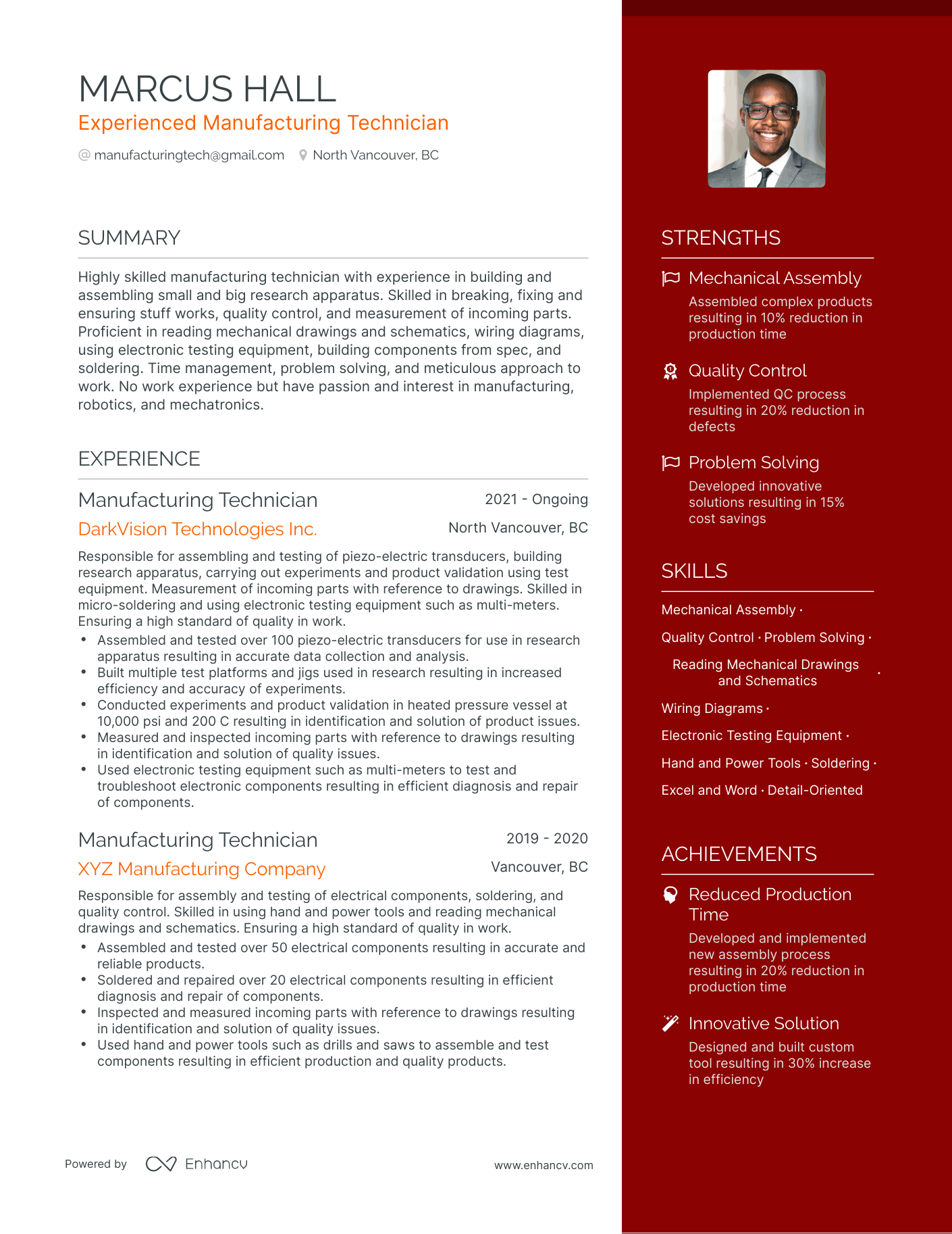 One Page Manufacturing Technician Resume Template