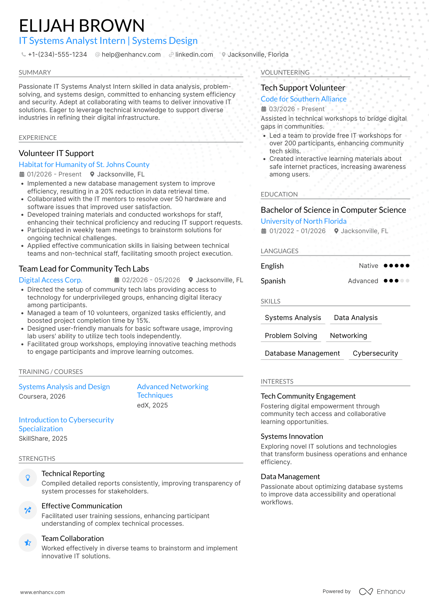 A resume example of a IT Systems Analyst Intern
