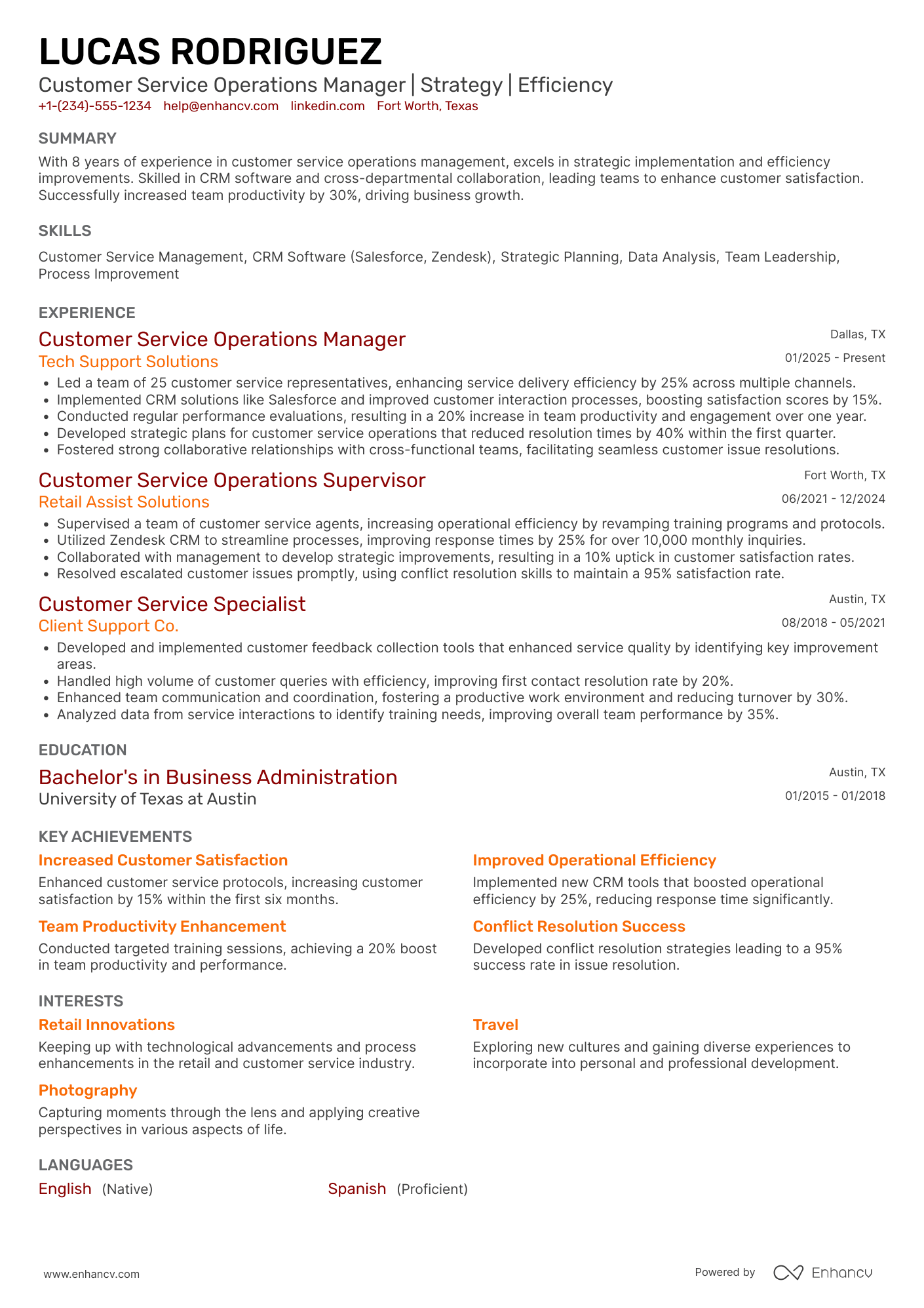 A resume example of a Customer Service Operations Manager