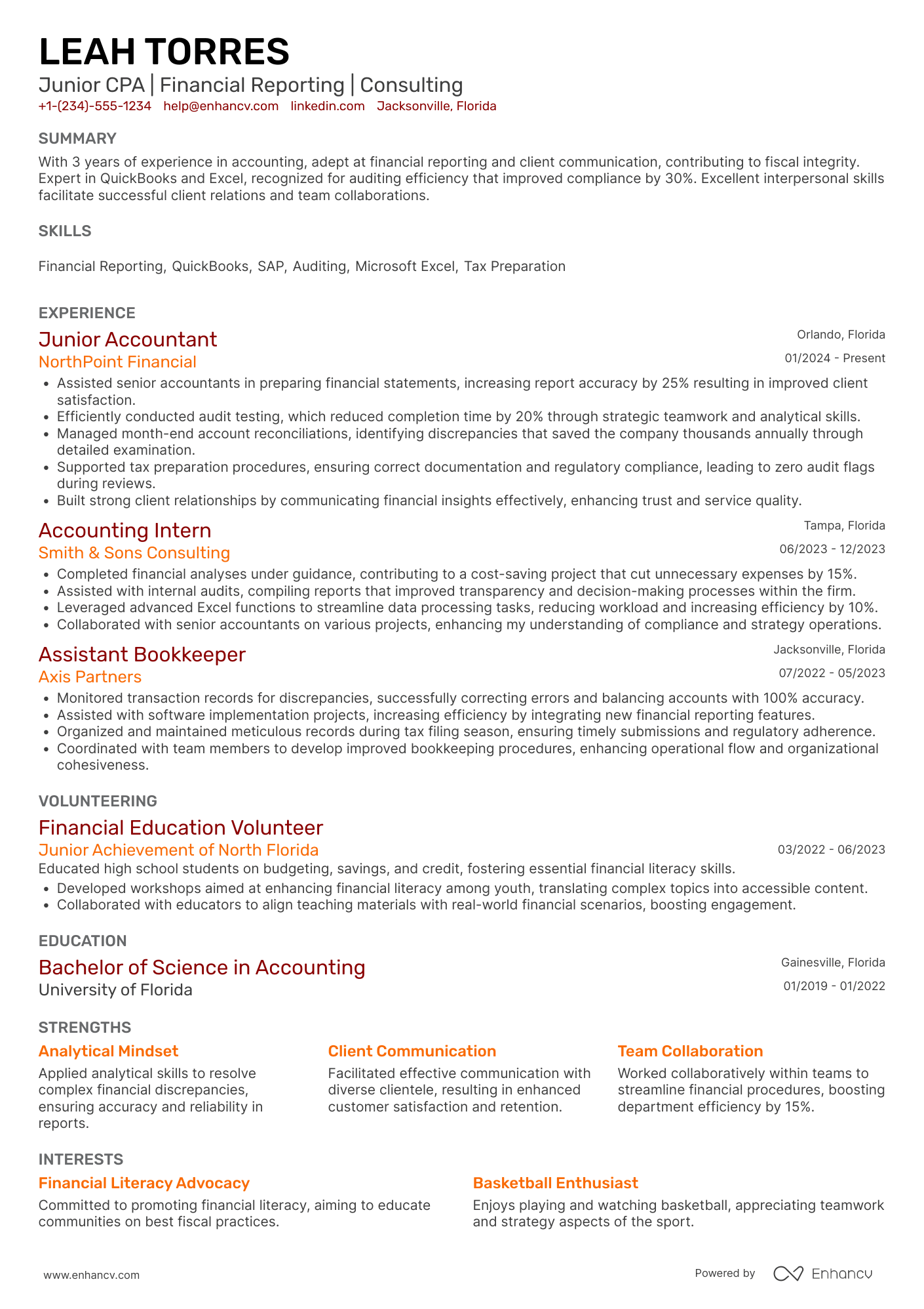 A resume example of a Junior CPA