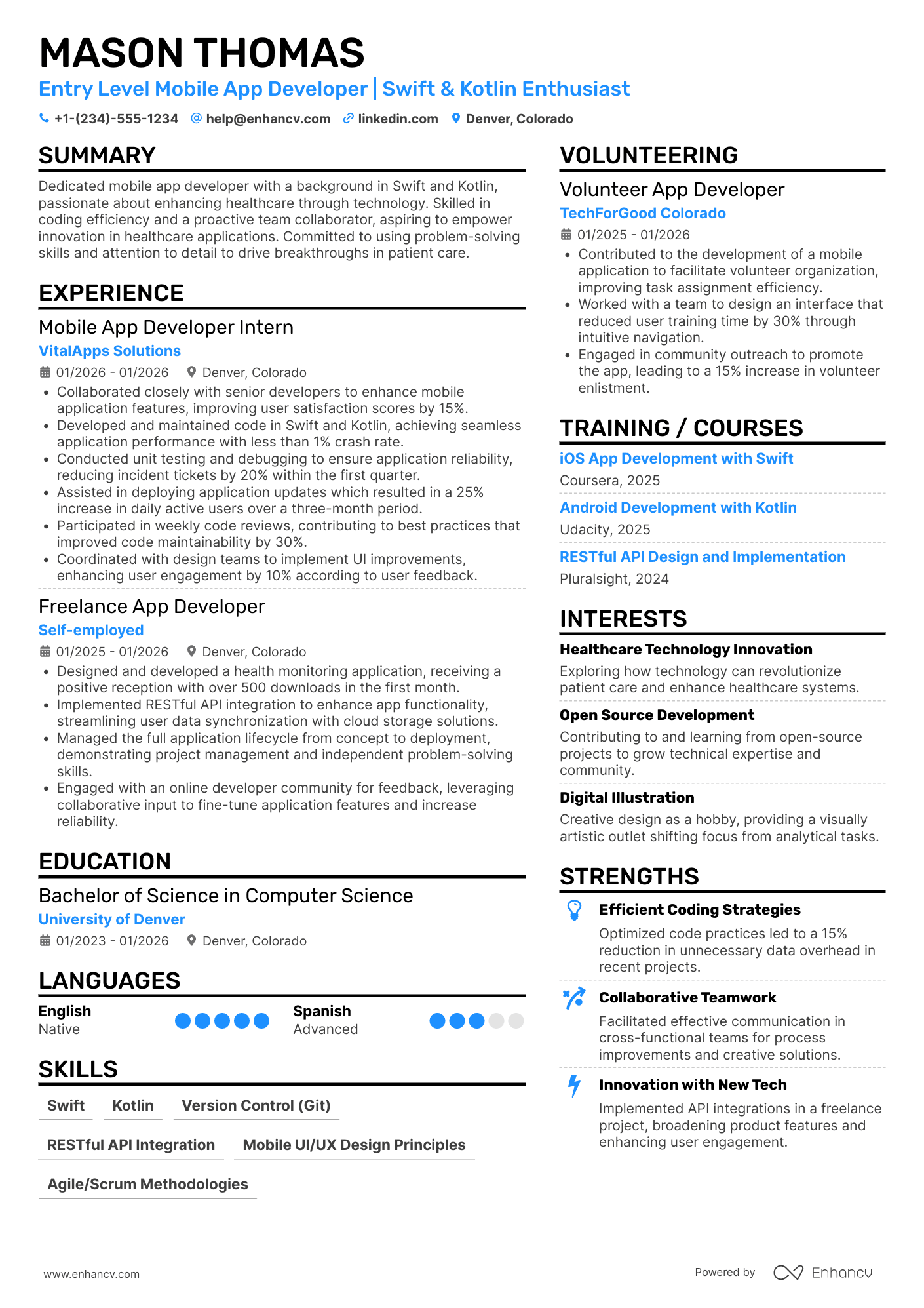 A resume example of a Entry Level Mobile App Developer