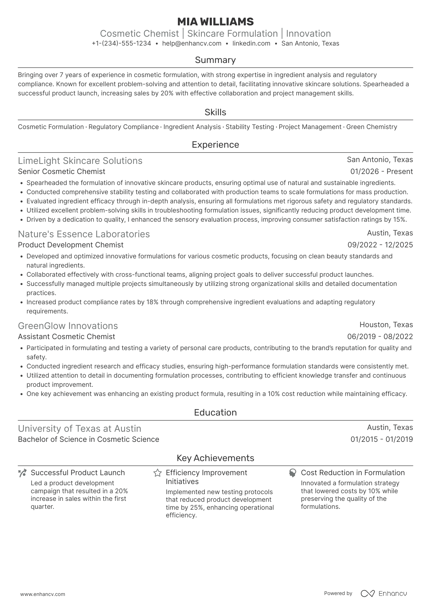 A resume example of a Cosmetic Chemist