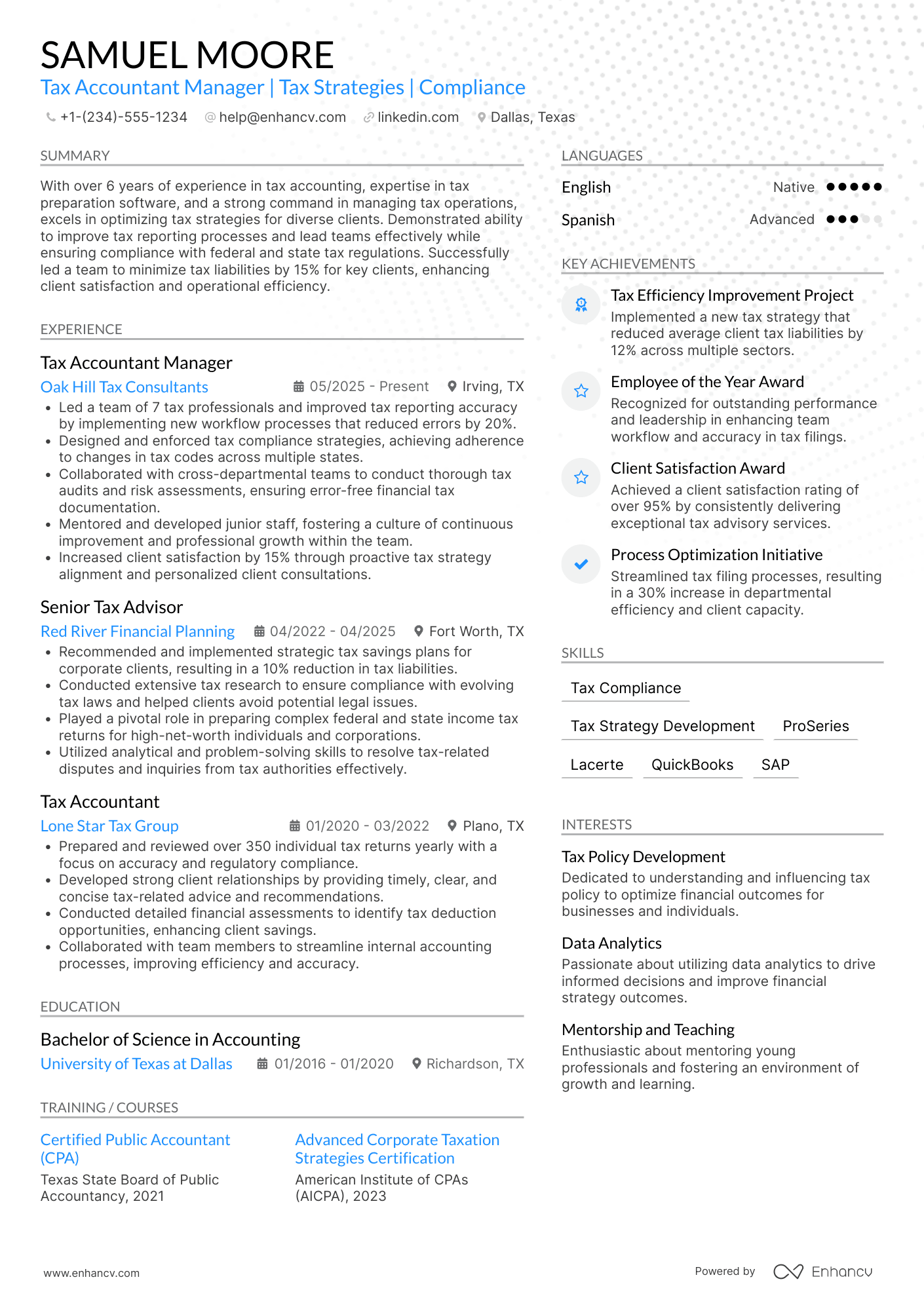 A resume example of a Tax Accountant Manager