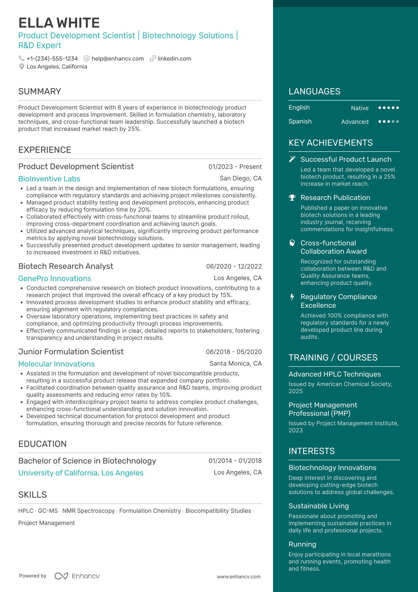 A resume example of a Product Development Scientist