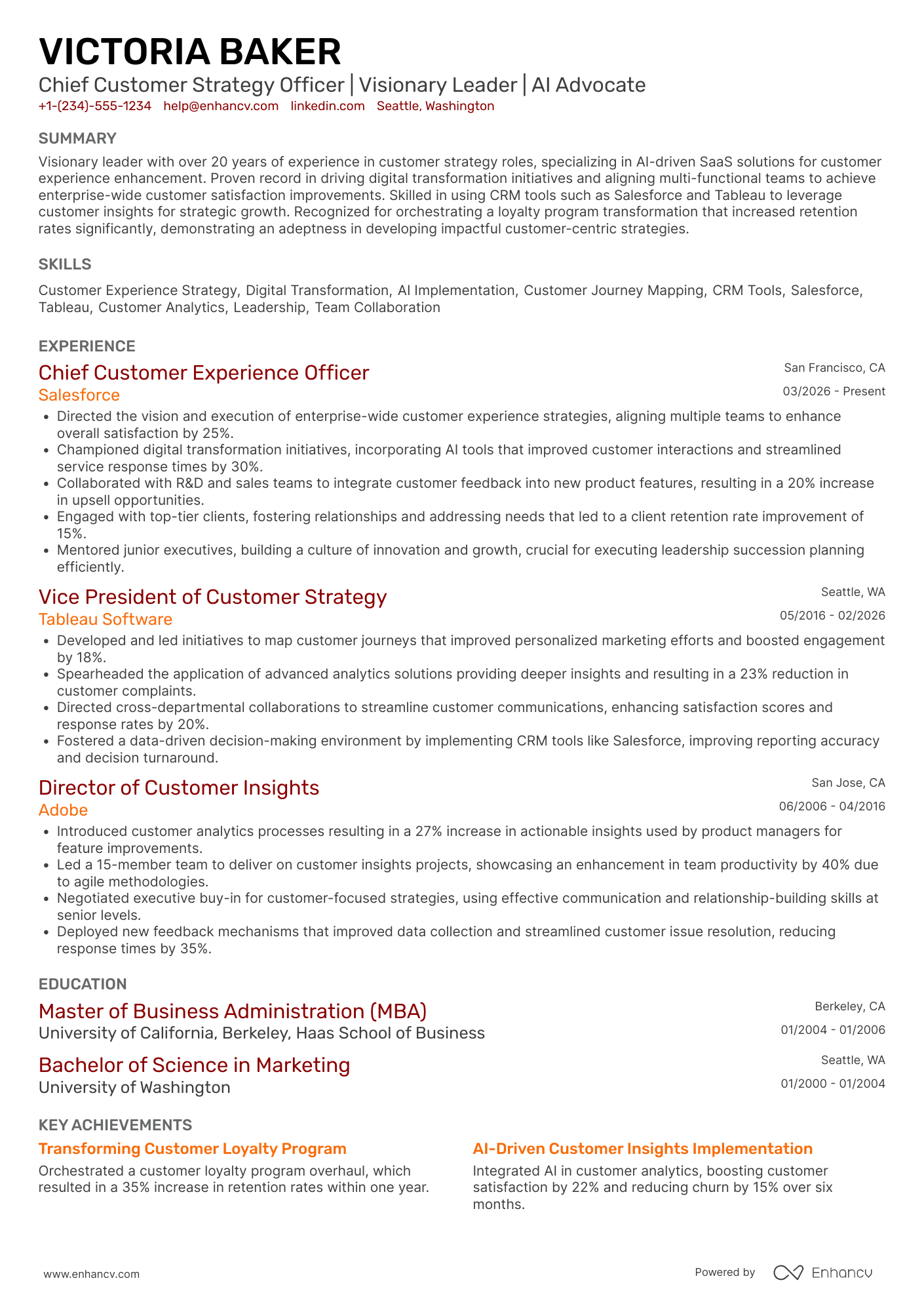 A resume example of a Chief Customer Strategy Officer