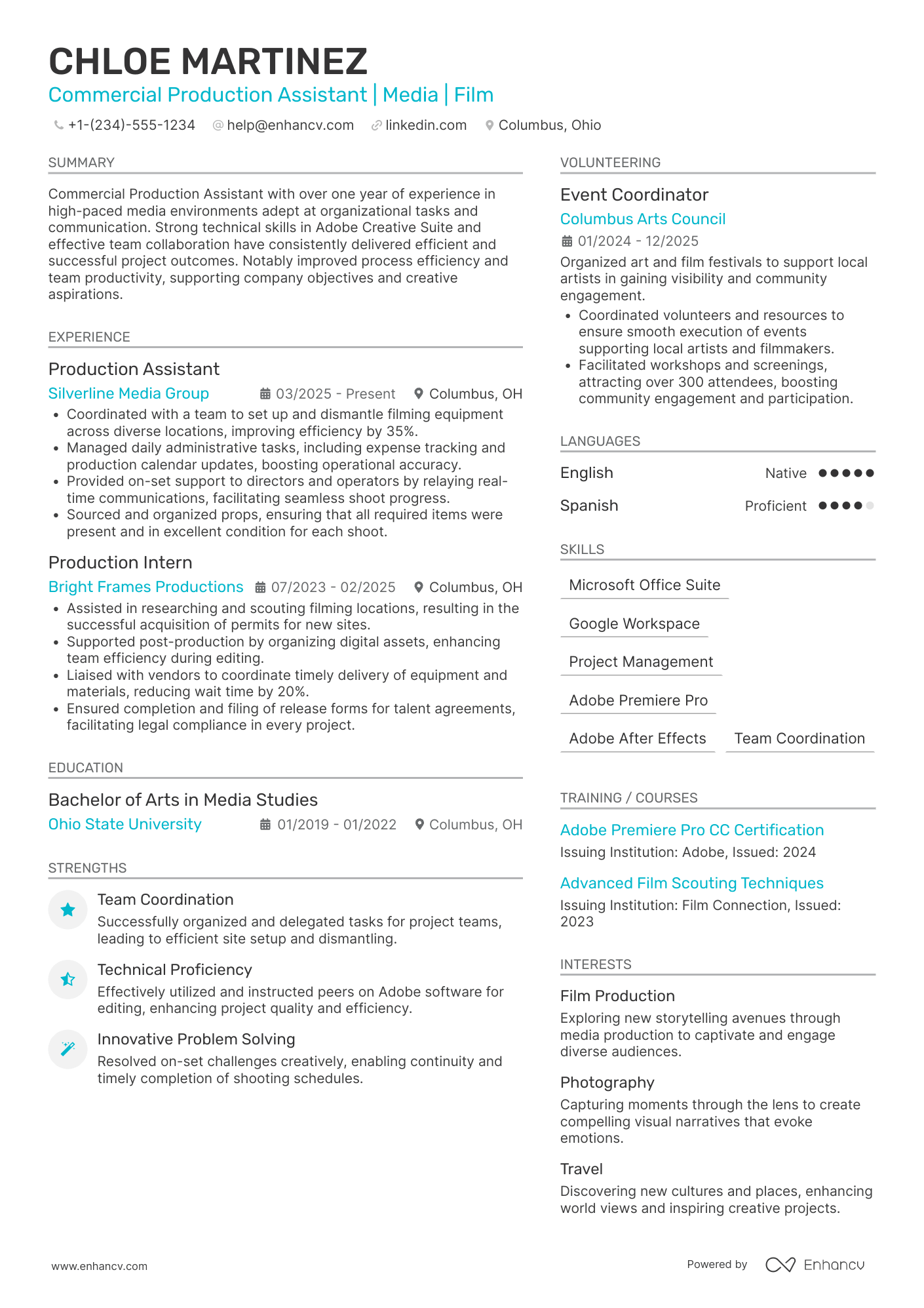 A resume example of a Commercial Production Assistant