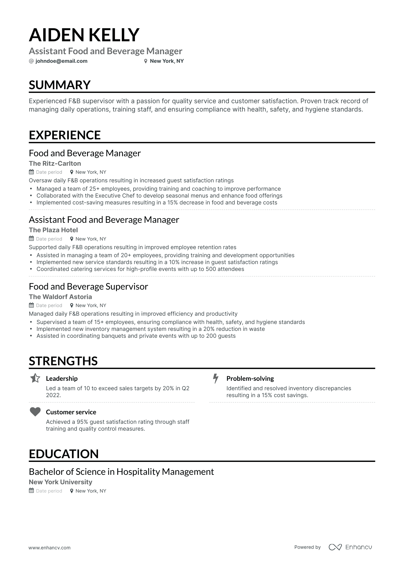 Classic Food And Beverage Manager Resume Template