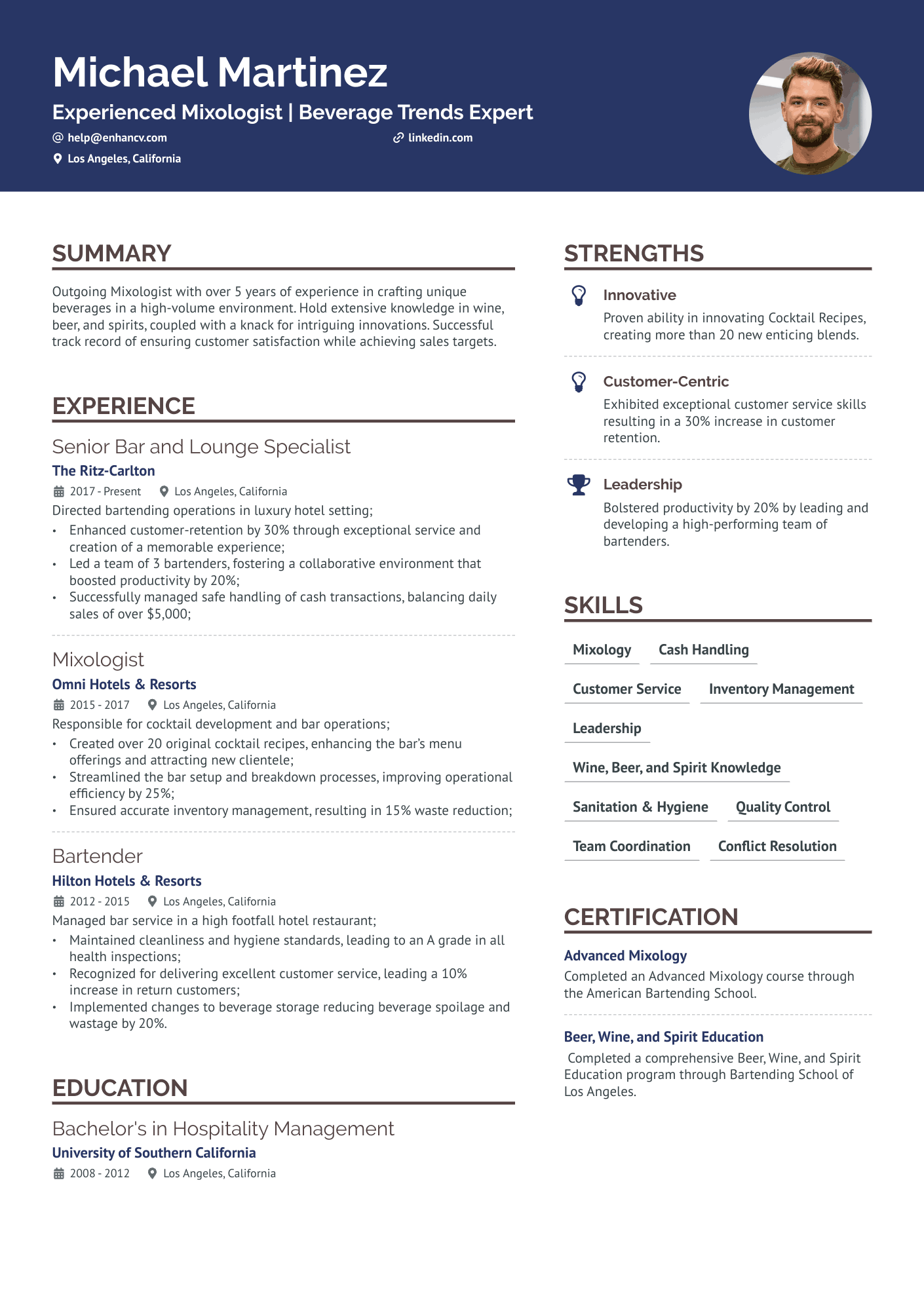 examples of bartender resume