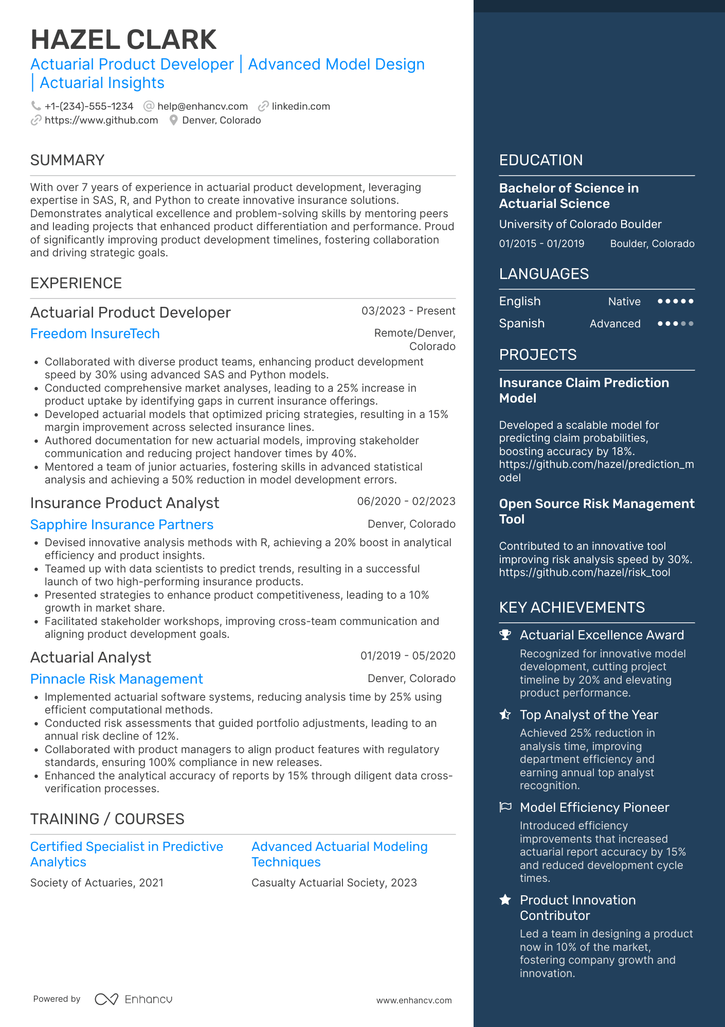 A resume example of a Actuarial Product Developer