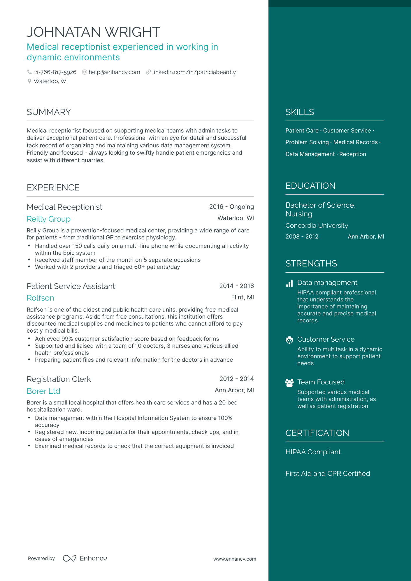 One Page Medical Receptionist Resume Template