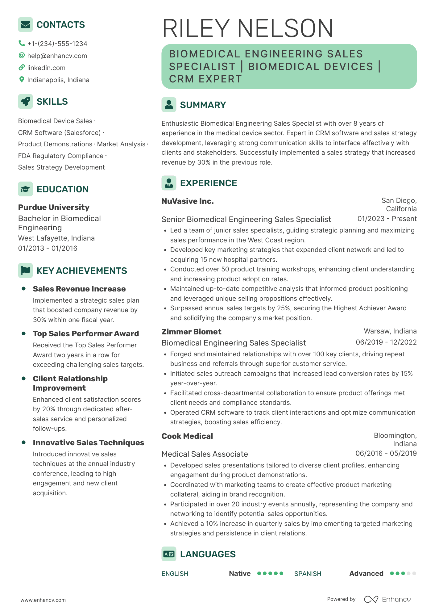A resume example of a Biomedical Engineering Sales Specialist