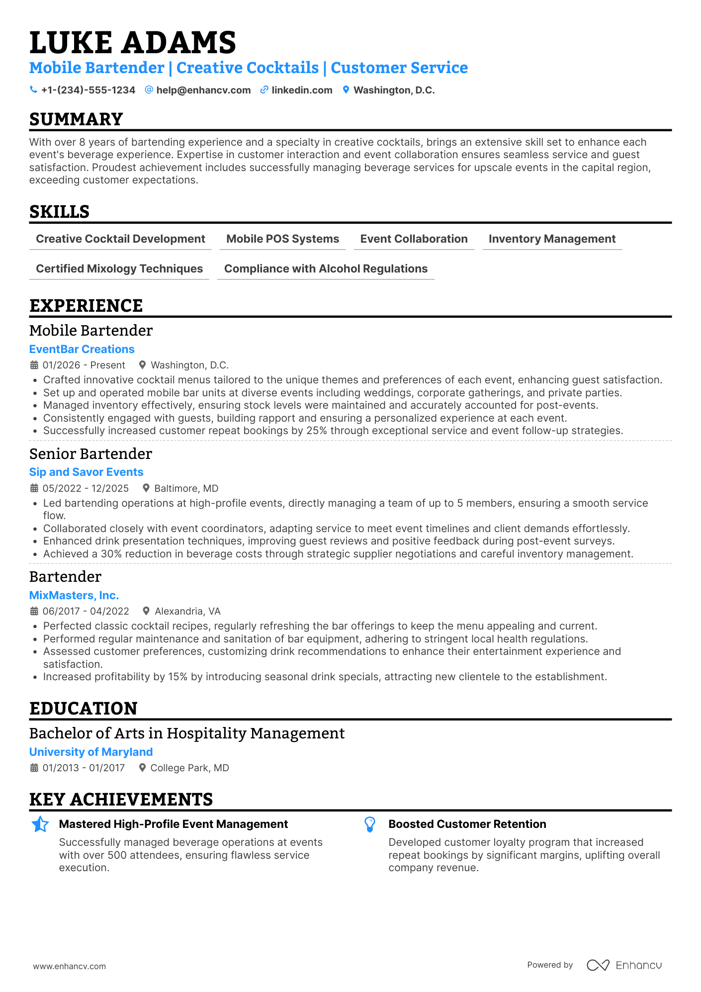 A resume example of a Mobile Bartender