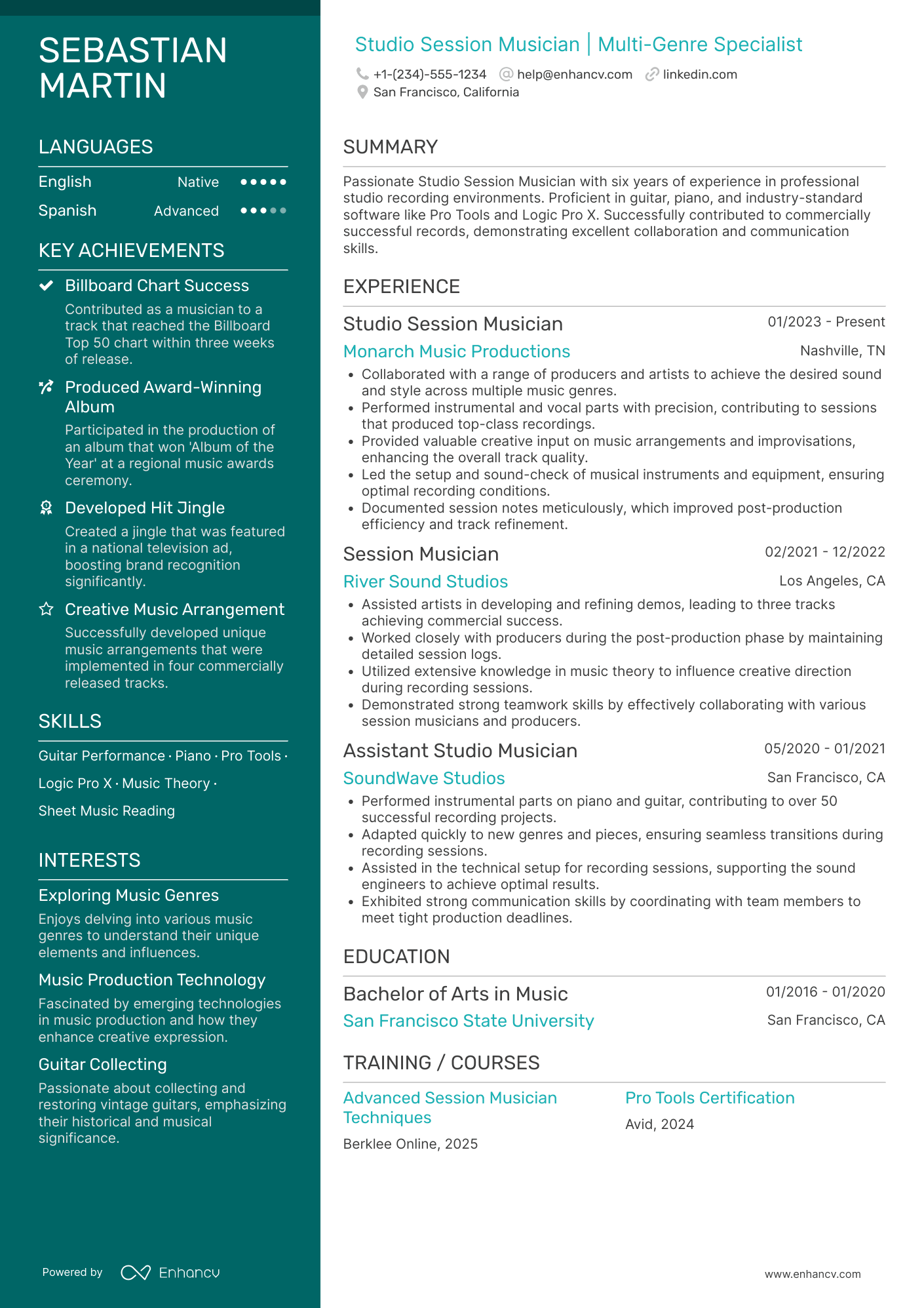 A resume example of a Studio Session Musician