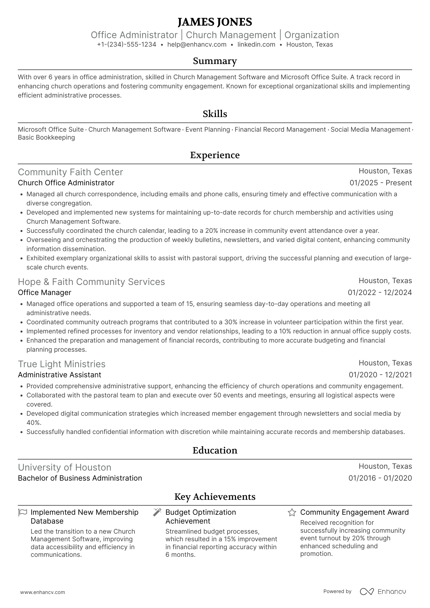 A resume example of a Church Office Administrator